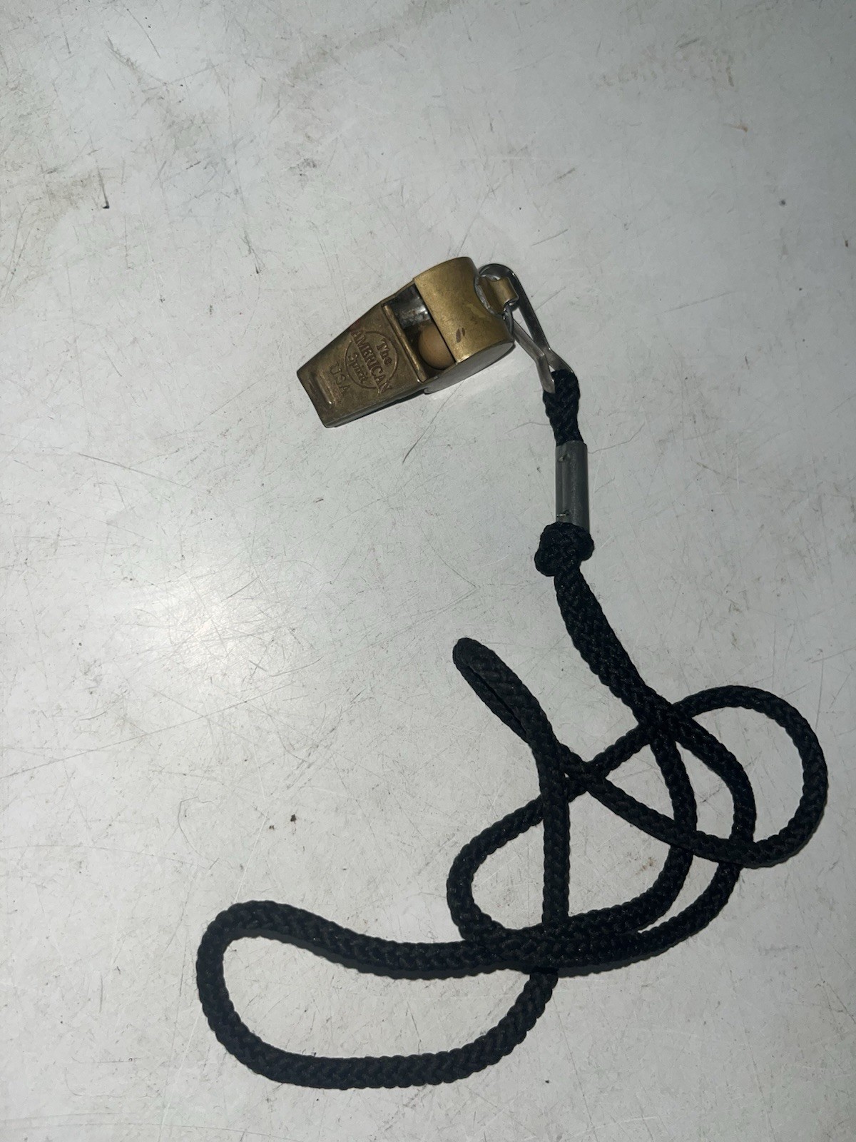 Vintage American Spirit Antique Brass gold Whistle on necklace cord