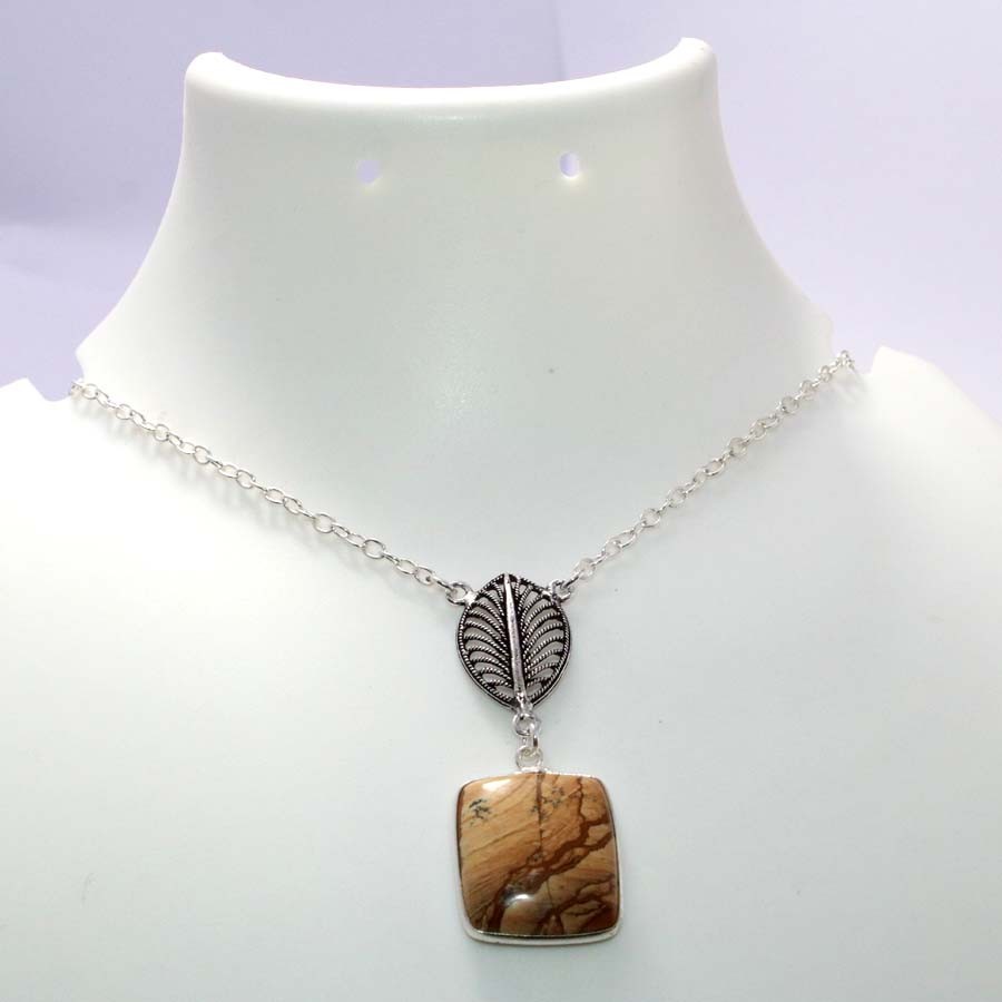 Exclusive Picture Jasper 925 Silver Plated Necklace 18″ Minimalist Design JW