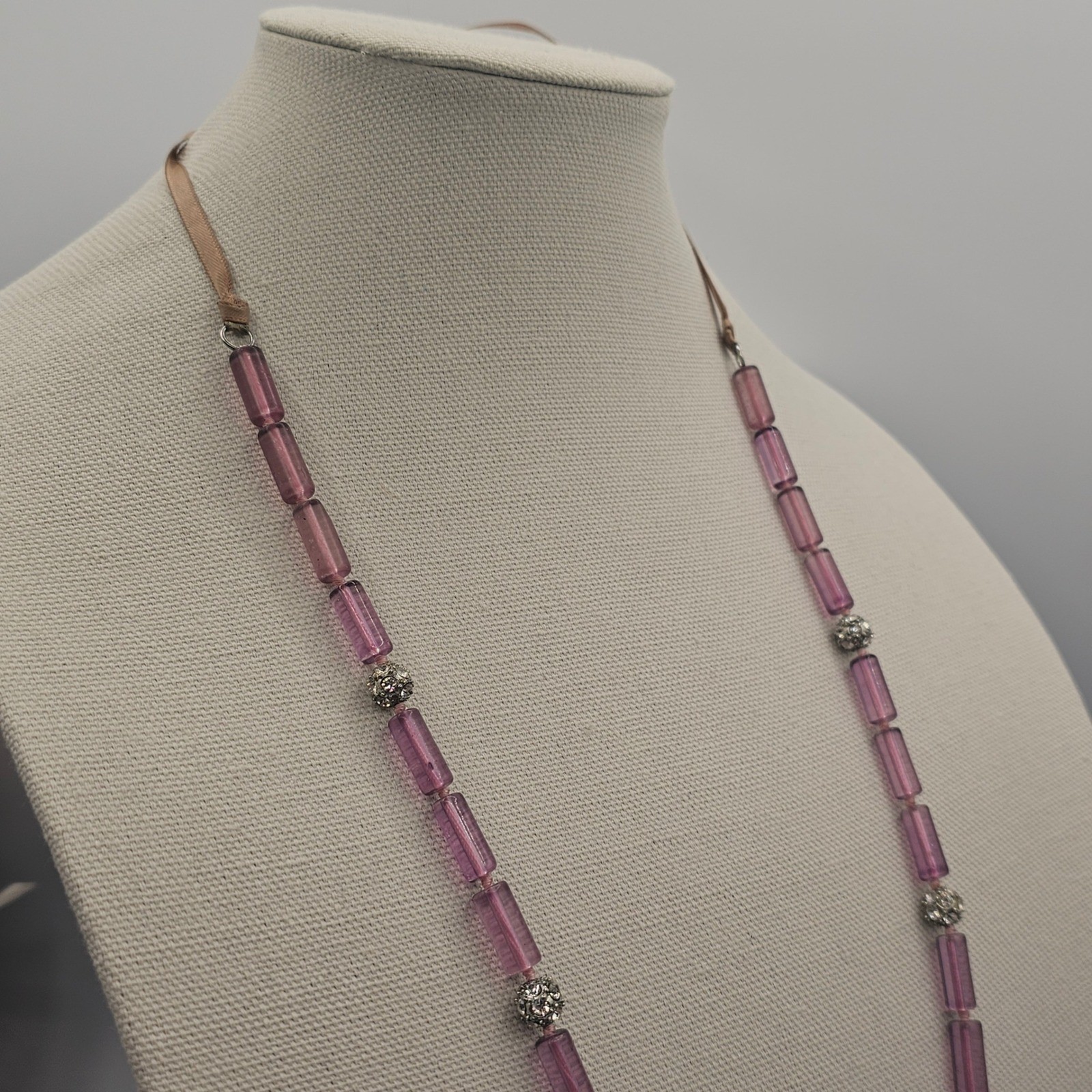 Lavender Purple Tube Bead Ribbon Tie Necklace Rhinestone Bead Spacers Coquette