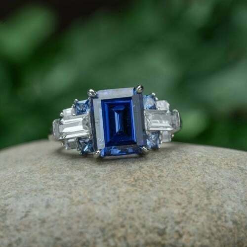 Blue Sapphire 2.80 Ct Emerald Cut Lab-Created Wedding Ring 925 Sterling Silver