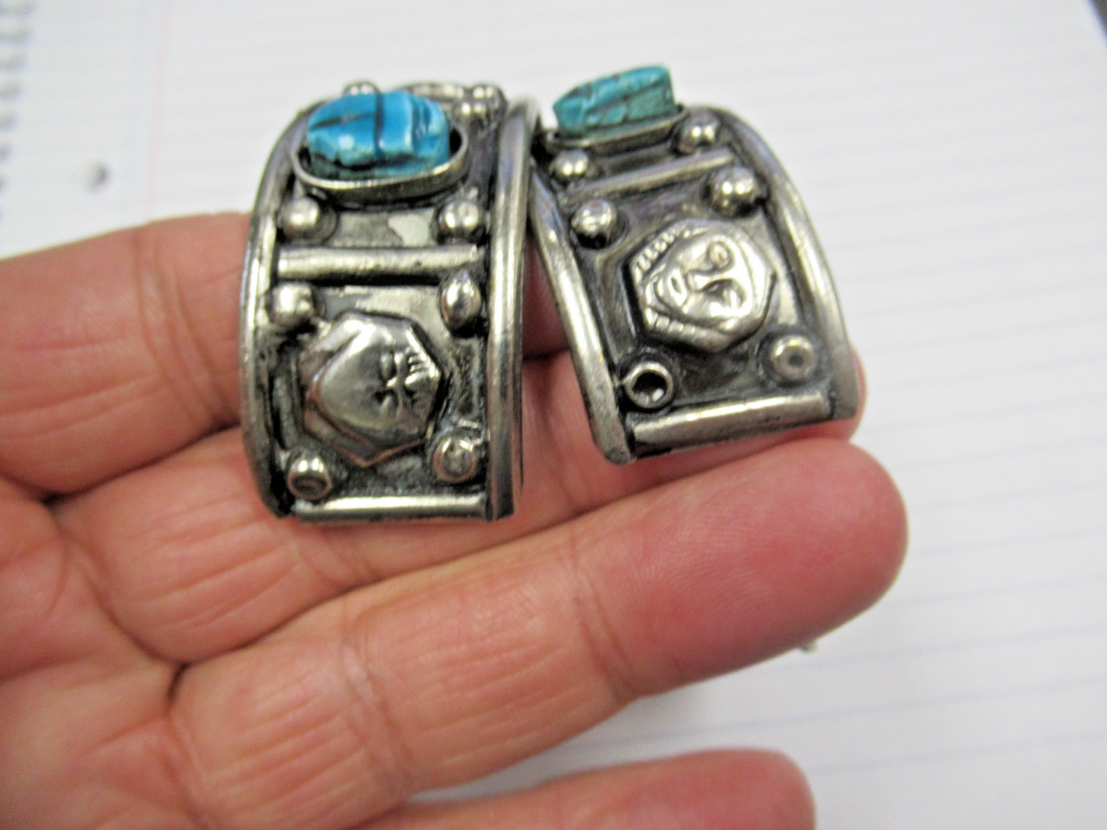2 Vintage Made Egypt Egyptian Faience 3 Scarab Costume Jewelry Cuff Bracelets