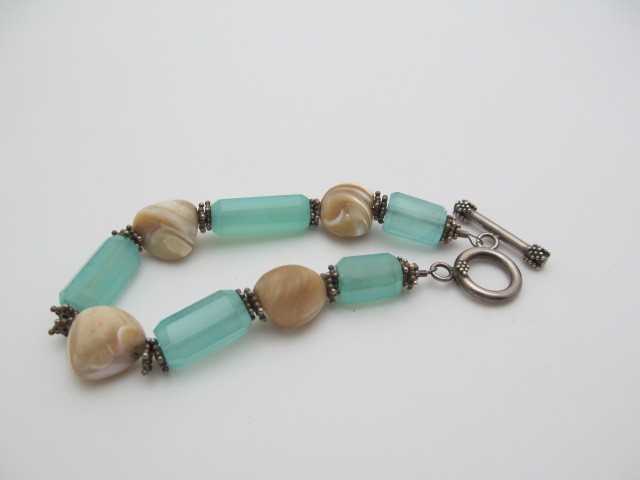 Sterling Silver Aqua Chalcedony & Pearl Natural Stone 13.25mm Toggle Bracelet