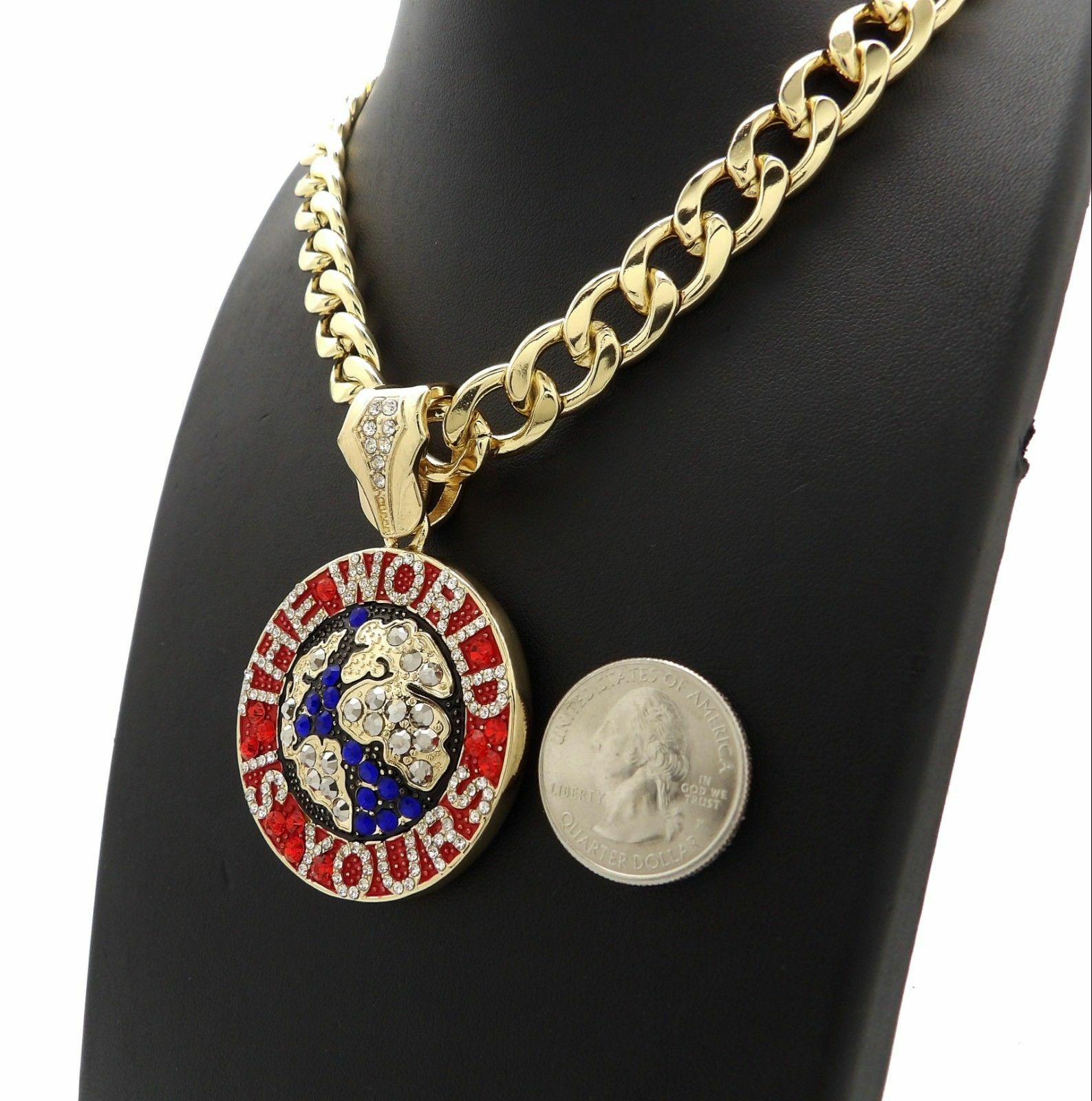 Hip Hop Iced Bling WORLD IS YOURS Pendant & 11mm 20″ Cuban Choker Chain Necklace