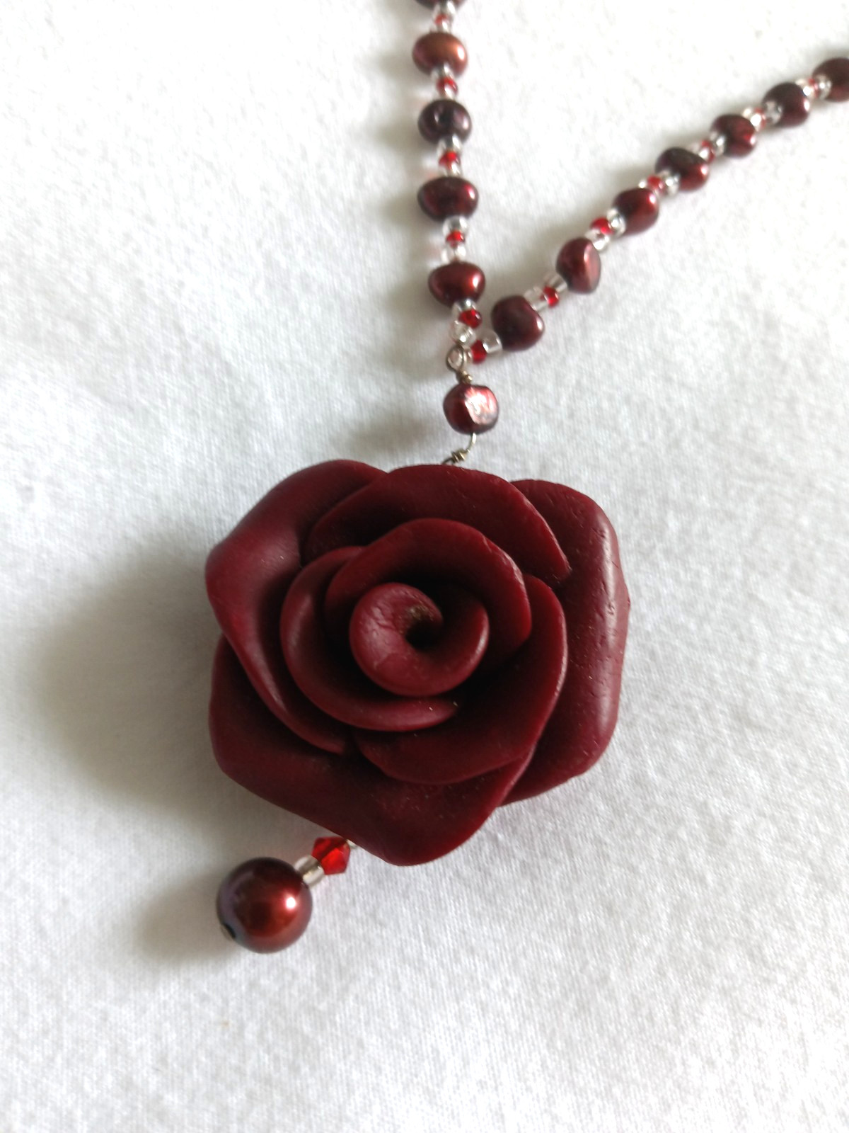 Handmade Red Rose Pendant Beaded Necklace Burgundy Romantic Gothic Boho 16″