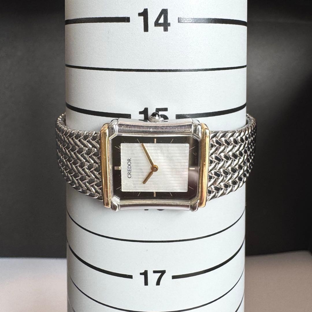 SEIKO Credor 8420-6690 Rectangular Shell Dial Silver 18K SS Used Authentic