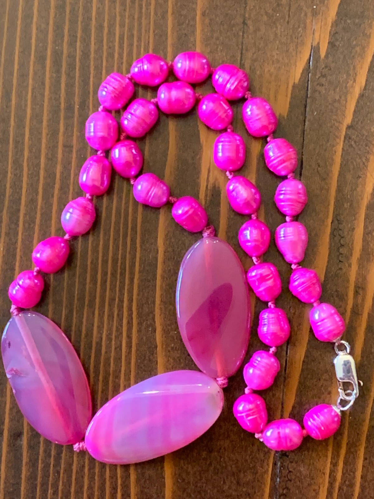 Pink Pearl Agate & Sterling Silver Necklace Strand 19 1/2 ” NEW 49.53cm Estate