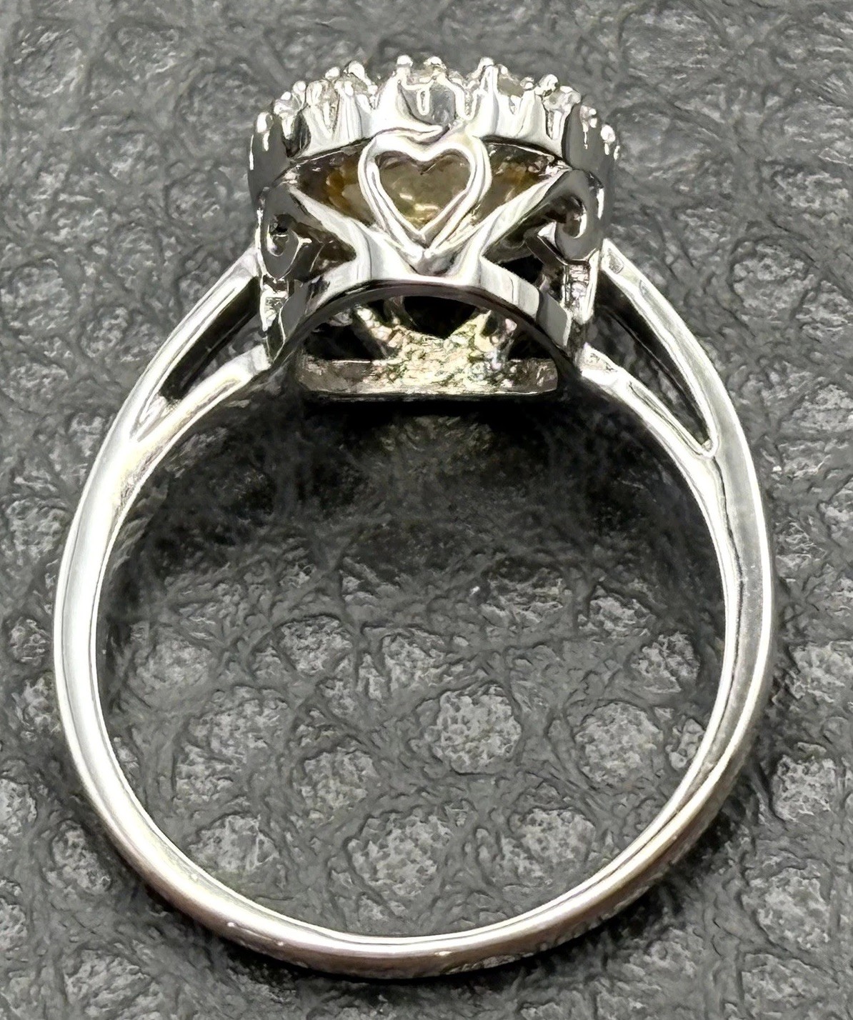 Silver Tone Faux Citrine CZ Halo Ring Heart Filigree Setting Size 7