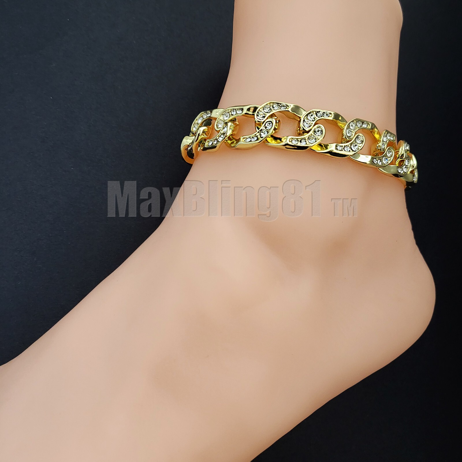 GOLD PLATED ALLOY CUBIC ZIRCONIA 8.5″ 10″ 11″ ICED CUBAN CHAIN BRACELET ANKLET