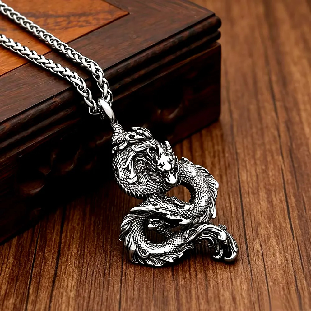 Antique Gold Silver Two Tone Stainless Steel Chinese Dragon Amulet Necklace Punk