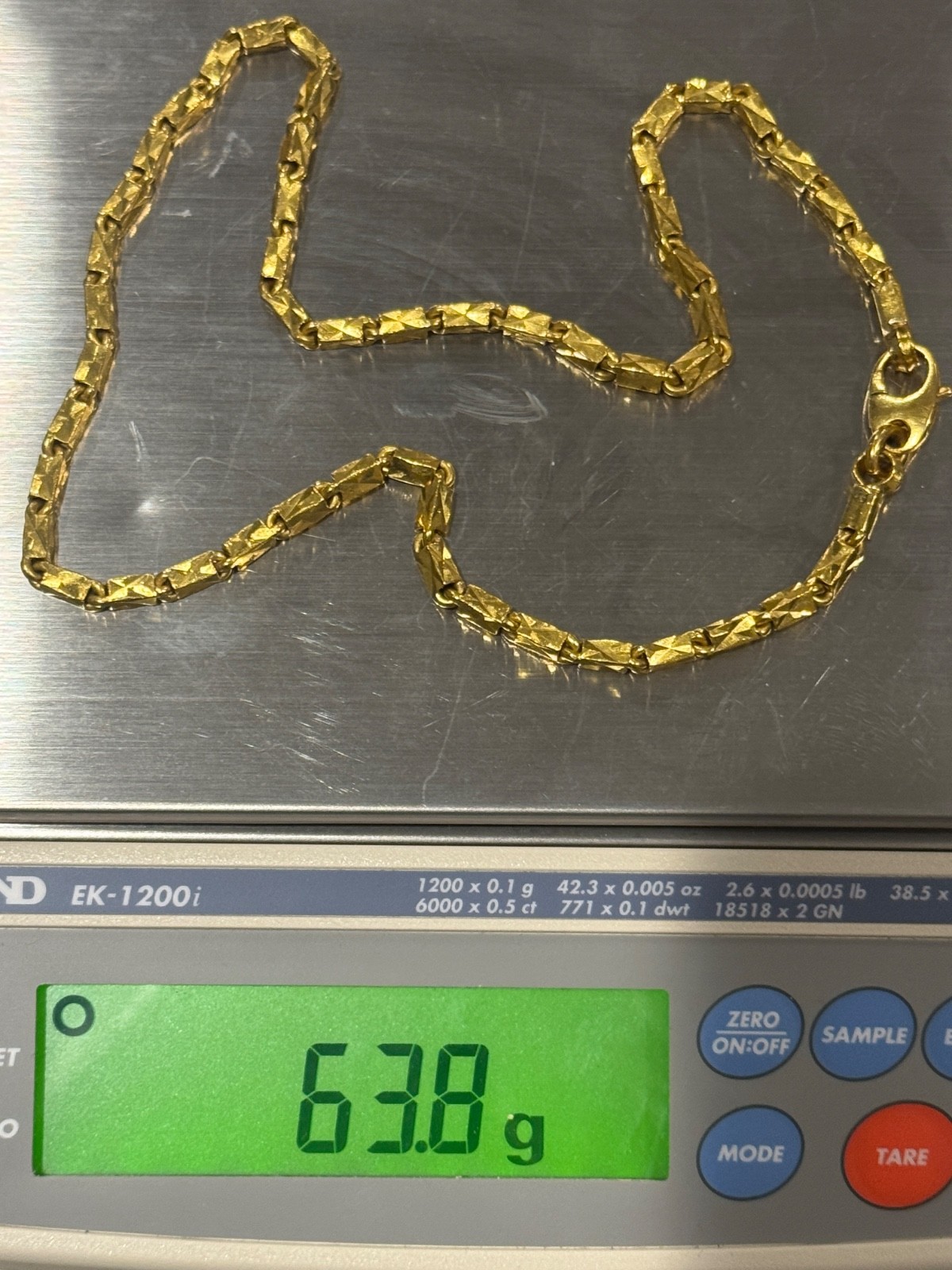 22-23 Karat Gold Baht Chain 20″ Long 40mm Thick Links Diamond Cut 63.8 grams