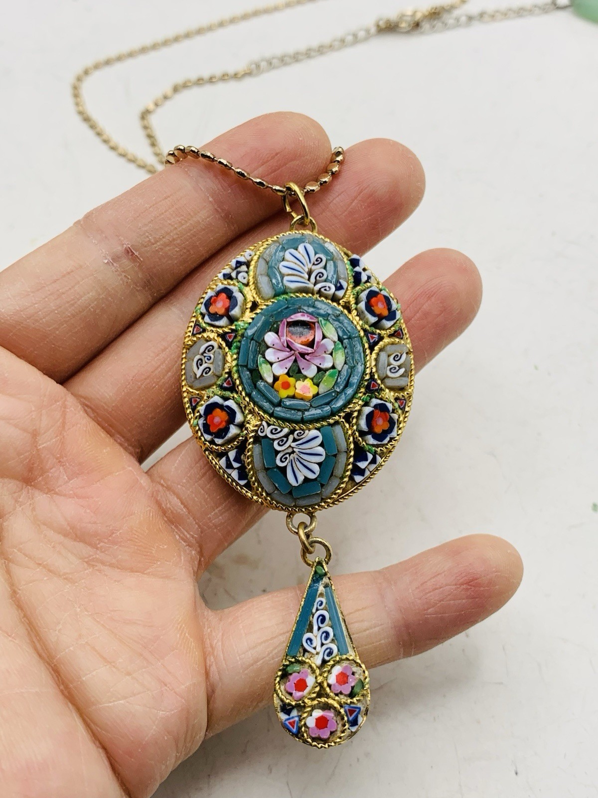 Vintage Colorful Boho Italian Micro mosaic Millefiori Floral Gold Tone Necklace