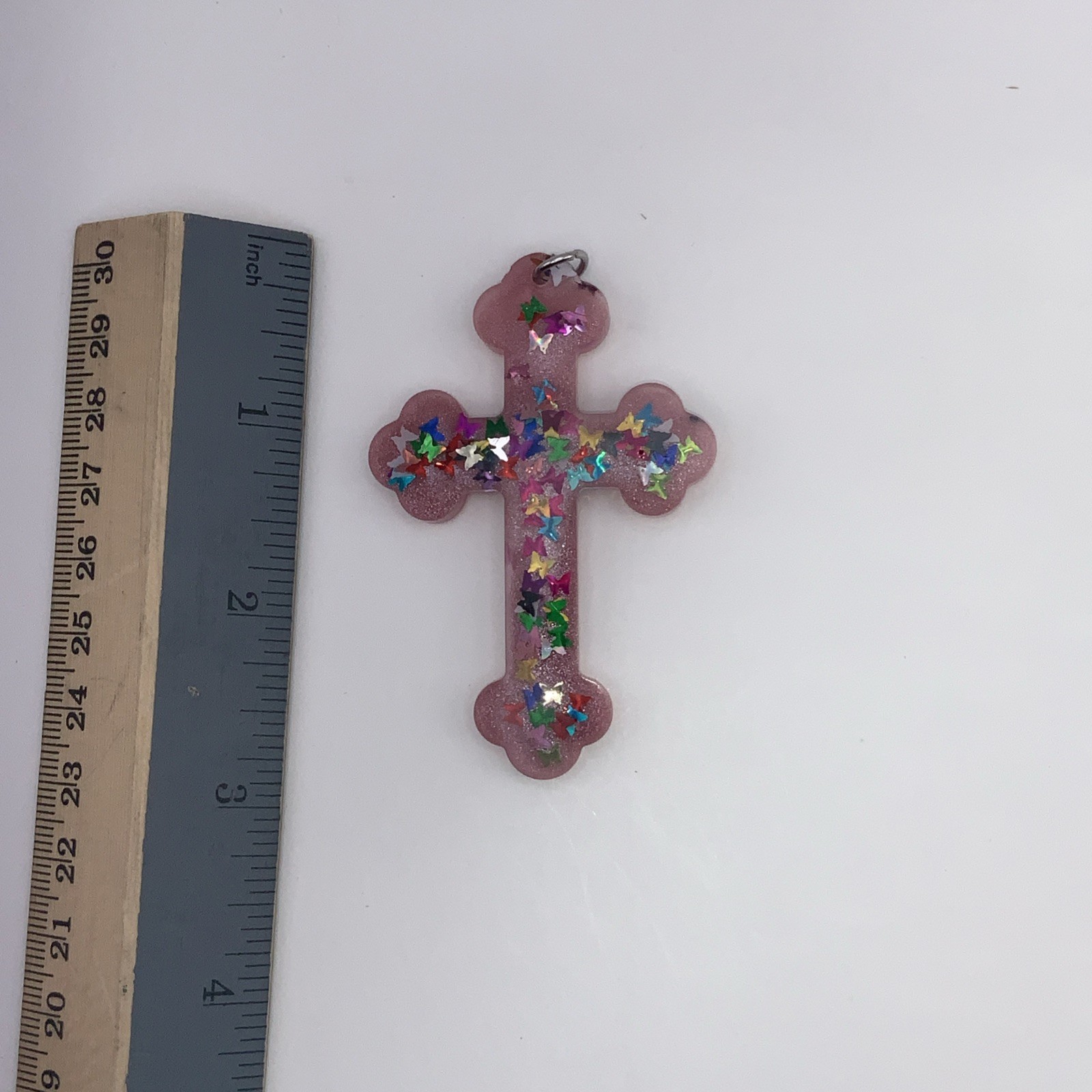 House Of David Handmade Cross Necklace Pink Butterflies