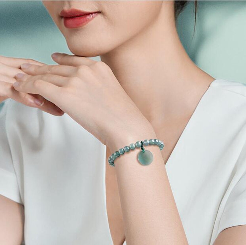 Certified Green Natural Burma A Jade jadeite 6mm Round Beads 无事牌 Couple Bracelet