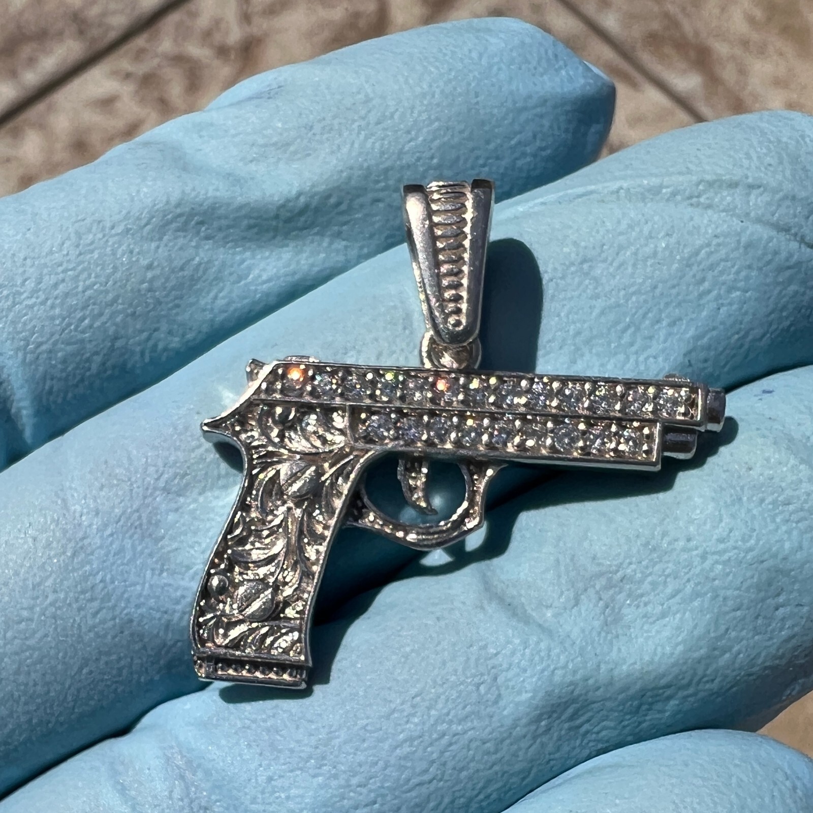 Real Solid 925 Sterling Silver Gun Pistol Scrollwork Engraving Iced CZ Pendant