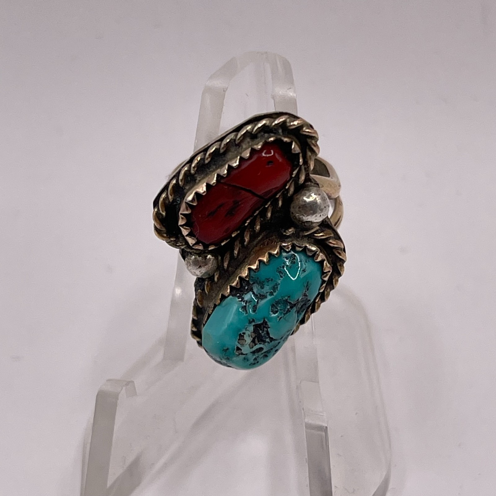 VINTAGE NAVAJO GOLD FILLED TURQOUISE & CORAL RING 1/20TH 12KT CABOCHON SIZE 4.0
