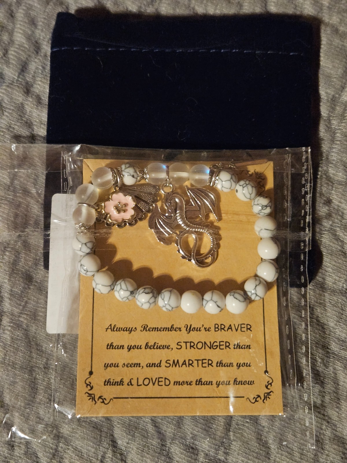 White Faux Howlite Dragon Charm Bracelet Inspirational Gift Velvet Pouch New