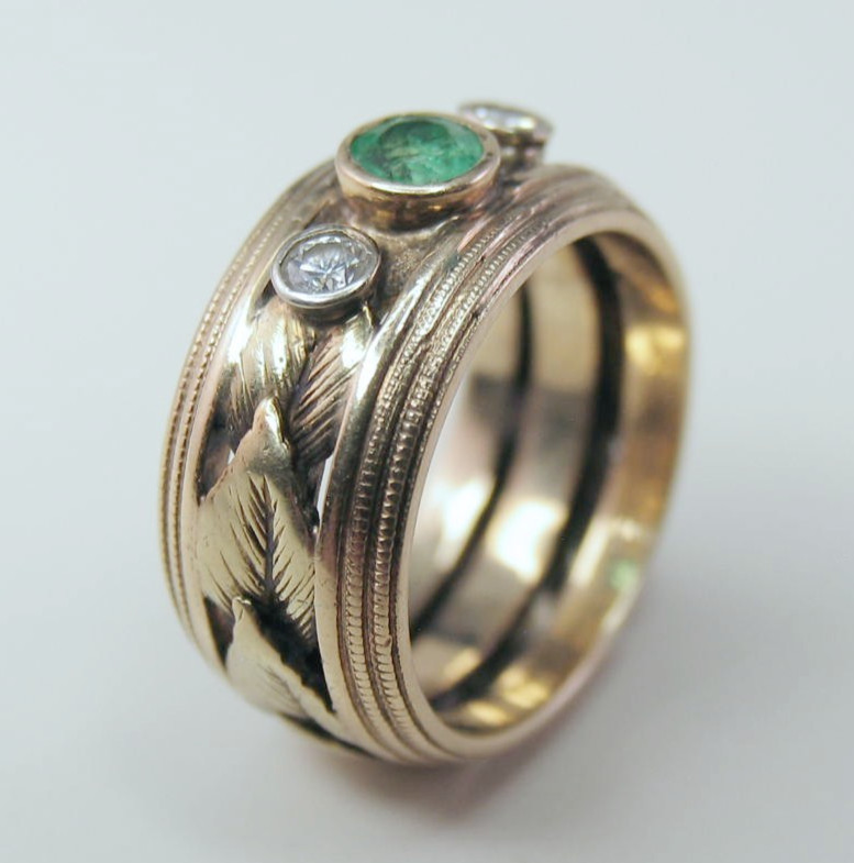 Vintage 14k Gold 1 Emerald 2 Diamond Leaf Die-Struck Size 4.5 Ring 6.7g HEAVY!