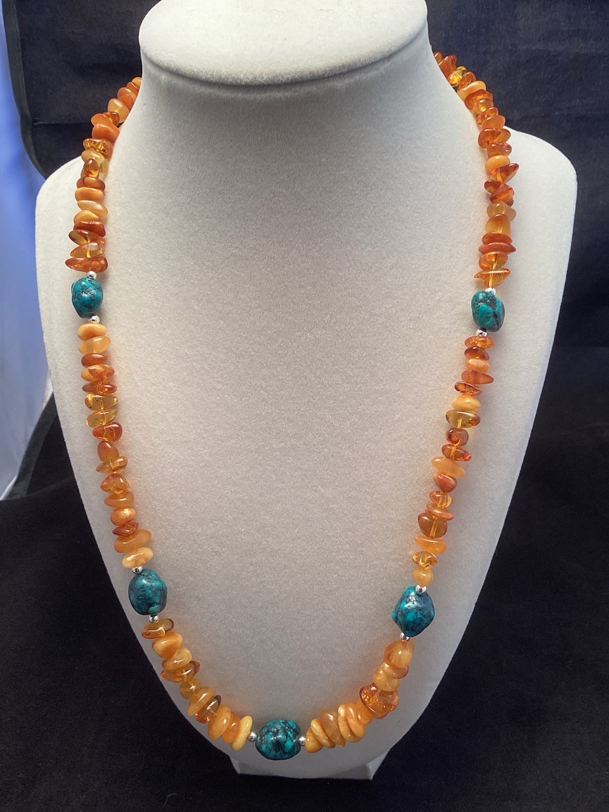 Sterling Silver Amber And Turquoise Pebble Chip Necklace 21.5-22”