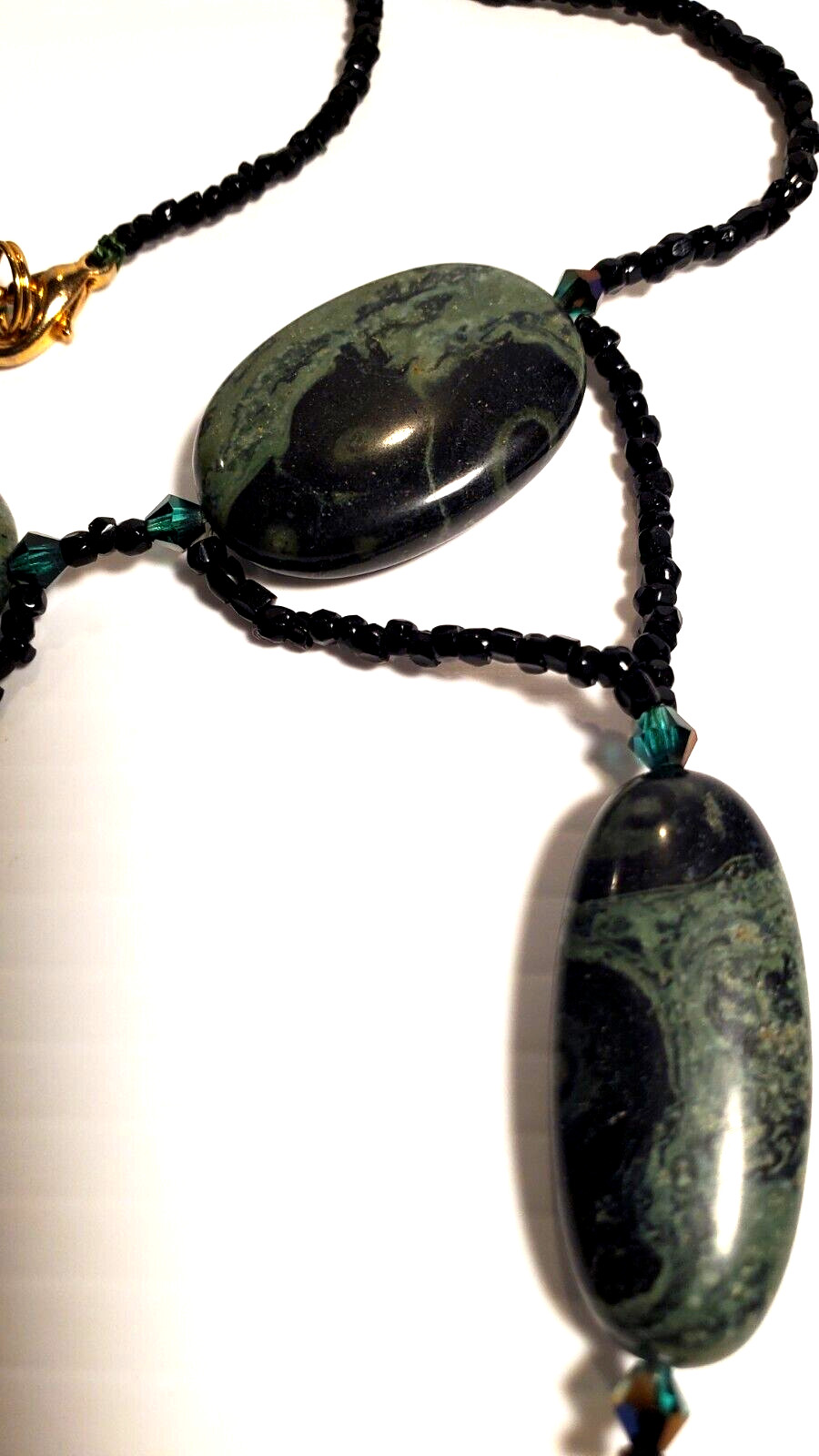 Black & Deep Green Natural Forest Jasper Stone 27″ Length Festoon Necklace OOAK