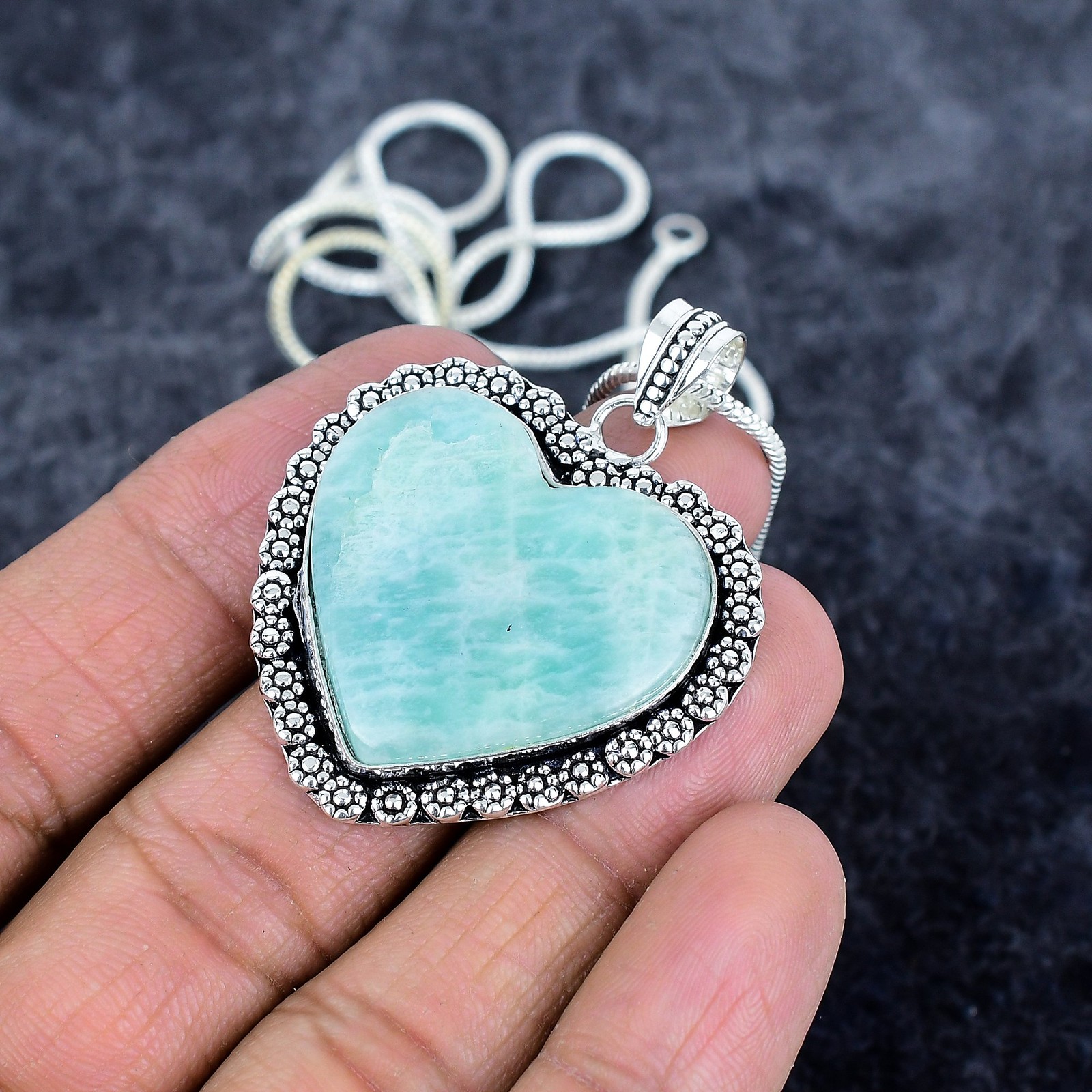 Amazonite Gemstone Handmade 925 Sterling Silver Jewelry Pendant 1.89″ u085