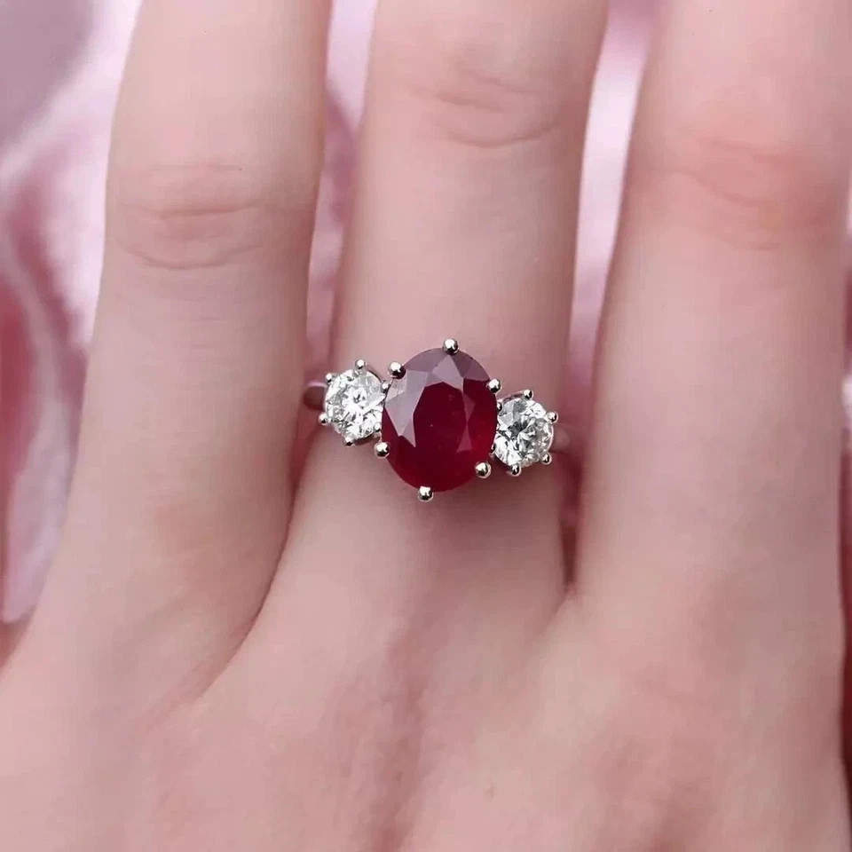 4.20Ct Oval Cut Natural Red Ruby & Diamond Wedding Ring 14K White Gold Size 6 7
