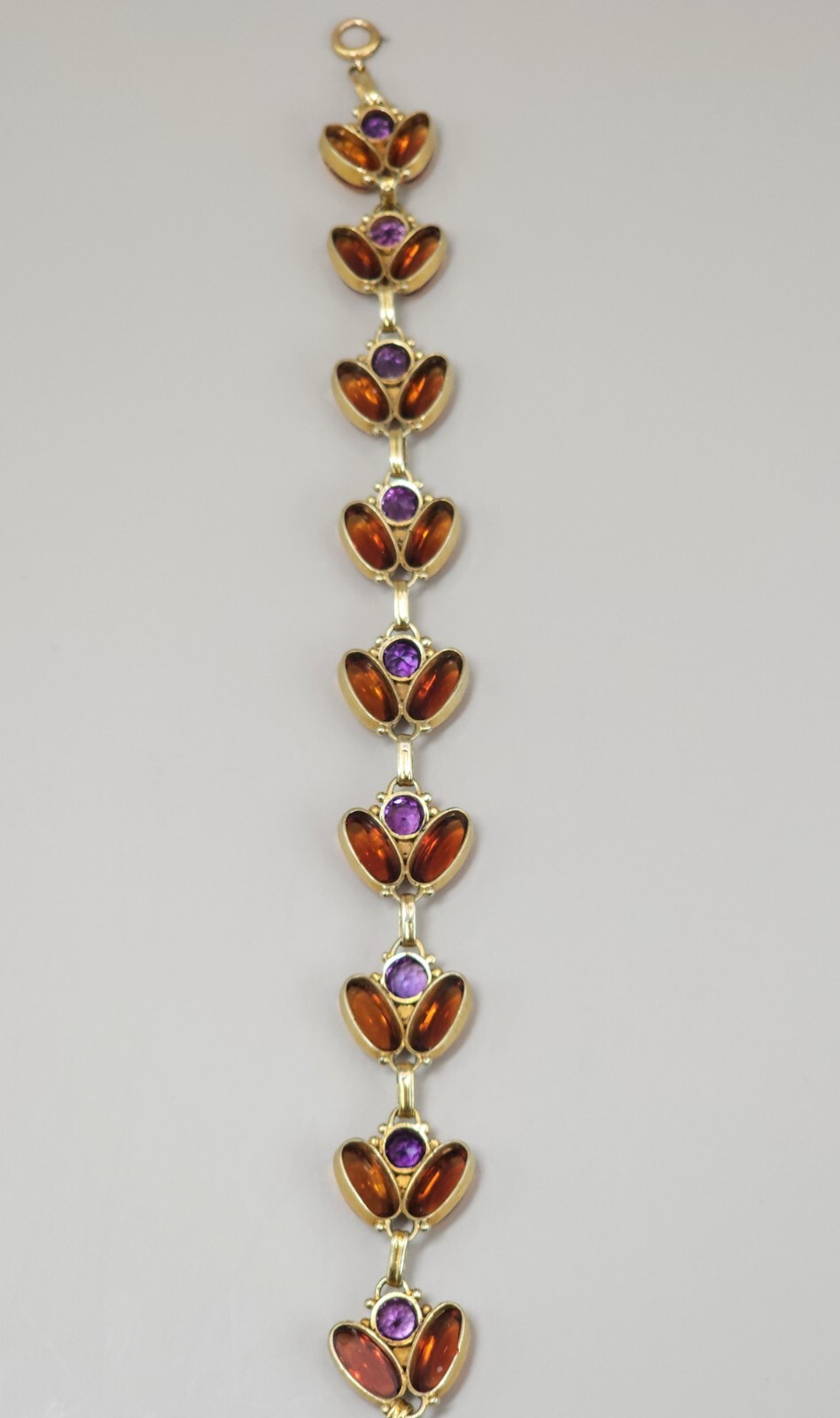 Antique 14k Yellow Gold Natural Amethyst & Amber Handmade Bracelet Leaf 7″ 15g