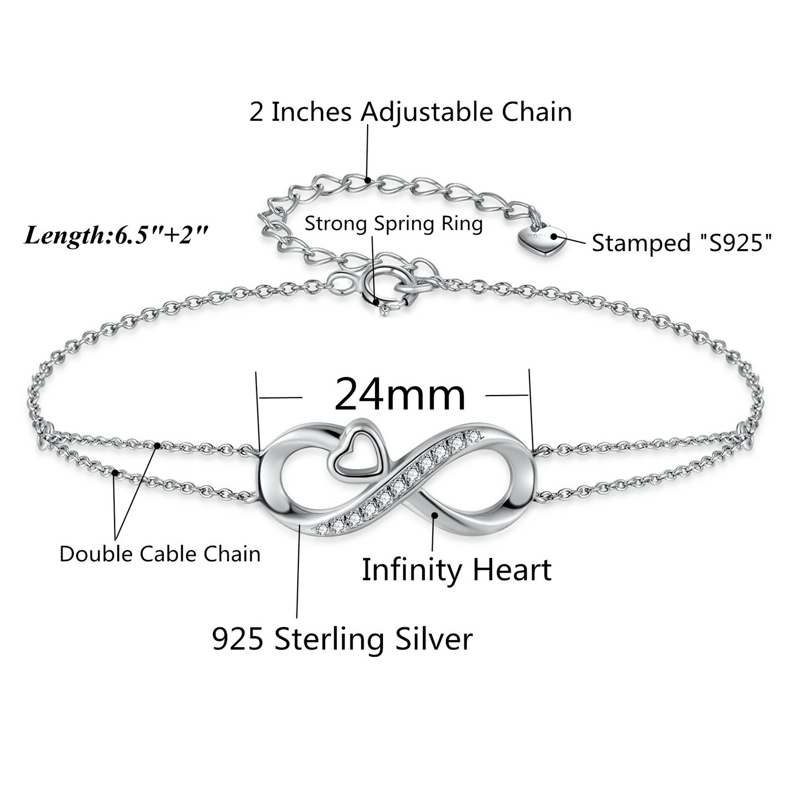 Real 925 Sterling Silver Adjustable Bracelet Infinity Heart Gifts for Her Him