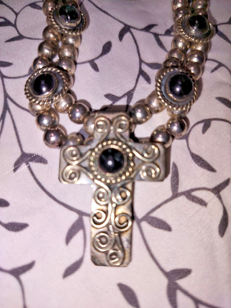 Silver Tone Cross Necklace Mexico Black Glass Cabochon Beaded Chain 20.5in