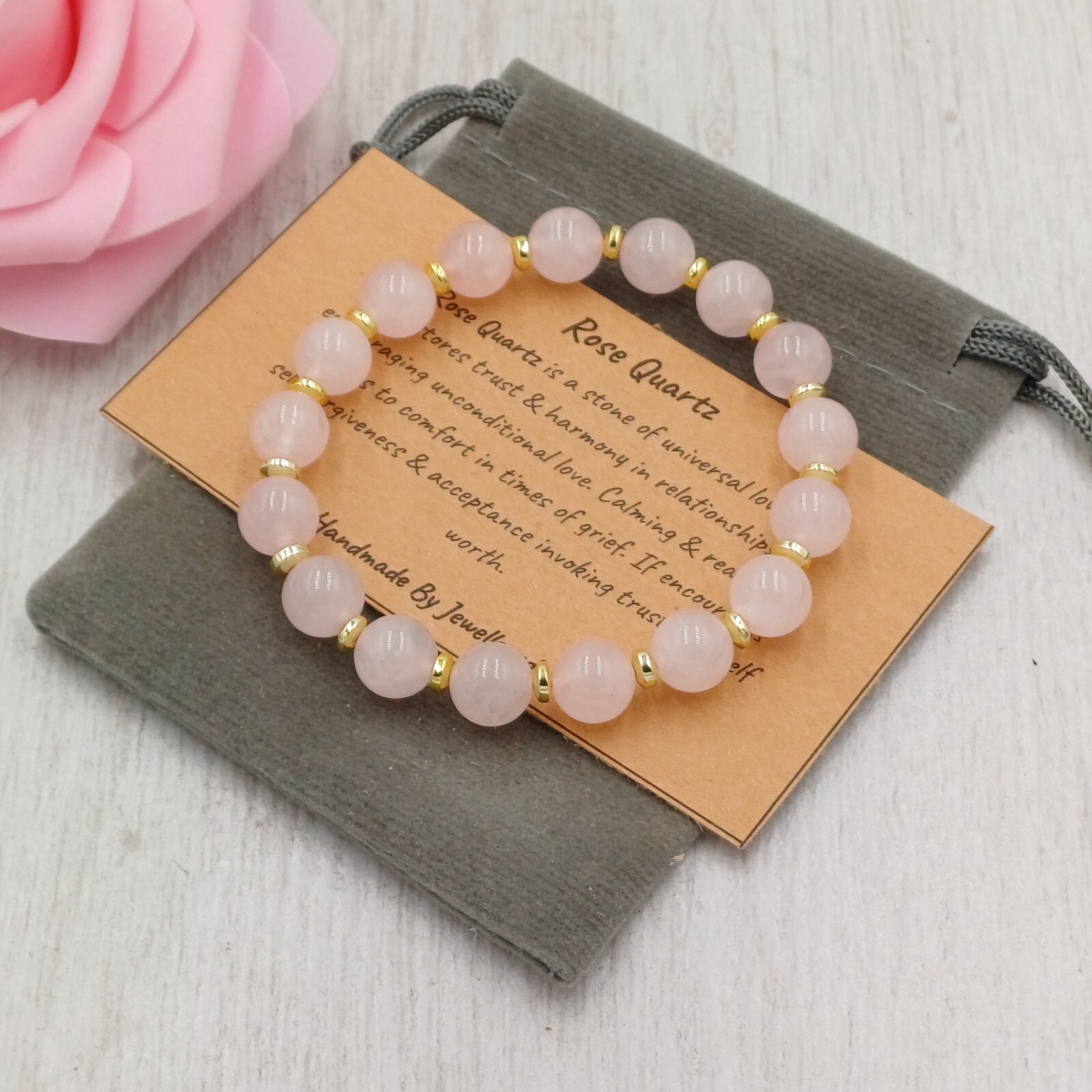 ROSE QUARTZ Bracelet Stretch Handmade + Gift Bag & Card Crystal Gemstone 6/8mm