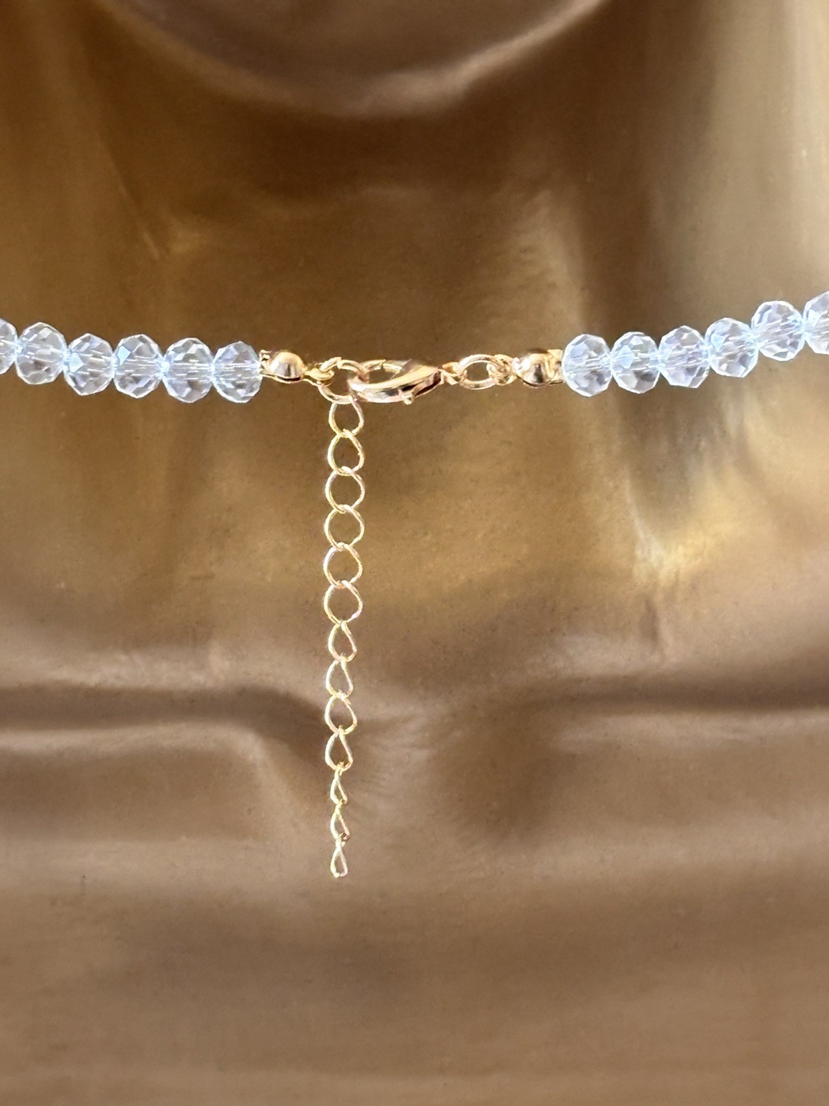 Sparkly Clear Beaded Gold Boho Beach Theme Necklace – Shells Starfish Faux Pearl