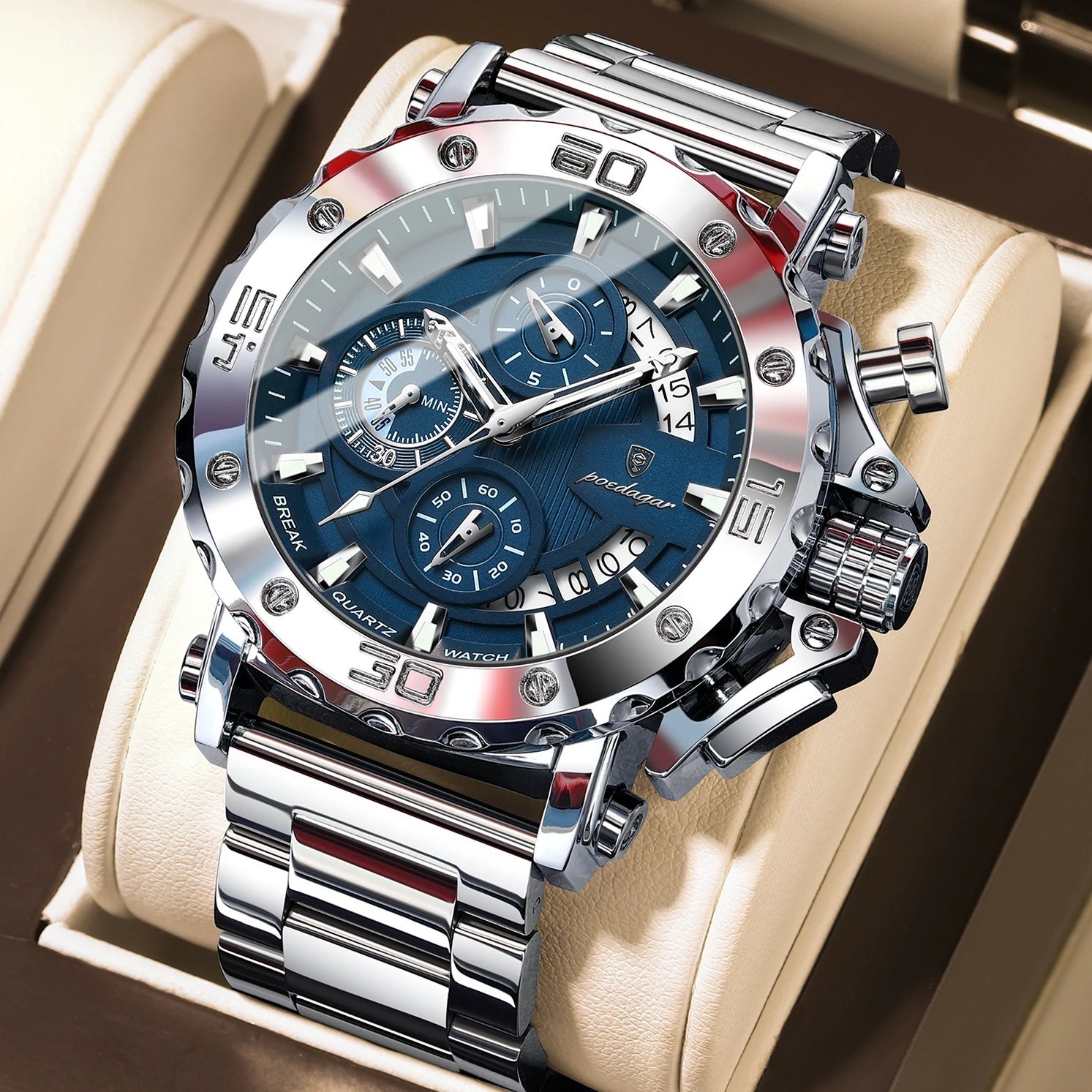 Silver Luxury Waterproof Numberless Calendar Stainless Steel Men Quartz Watches