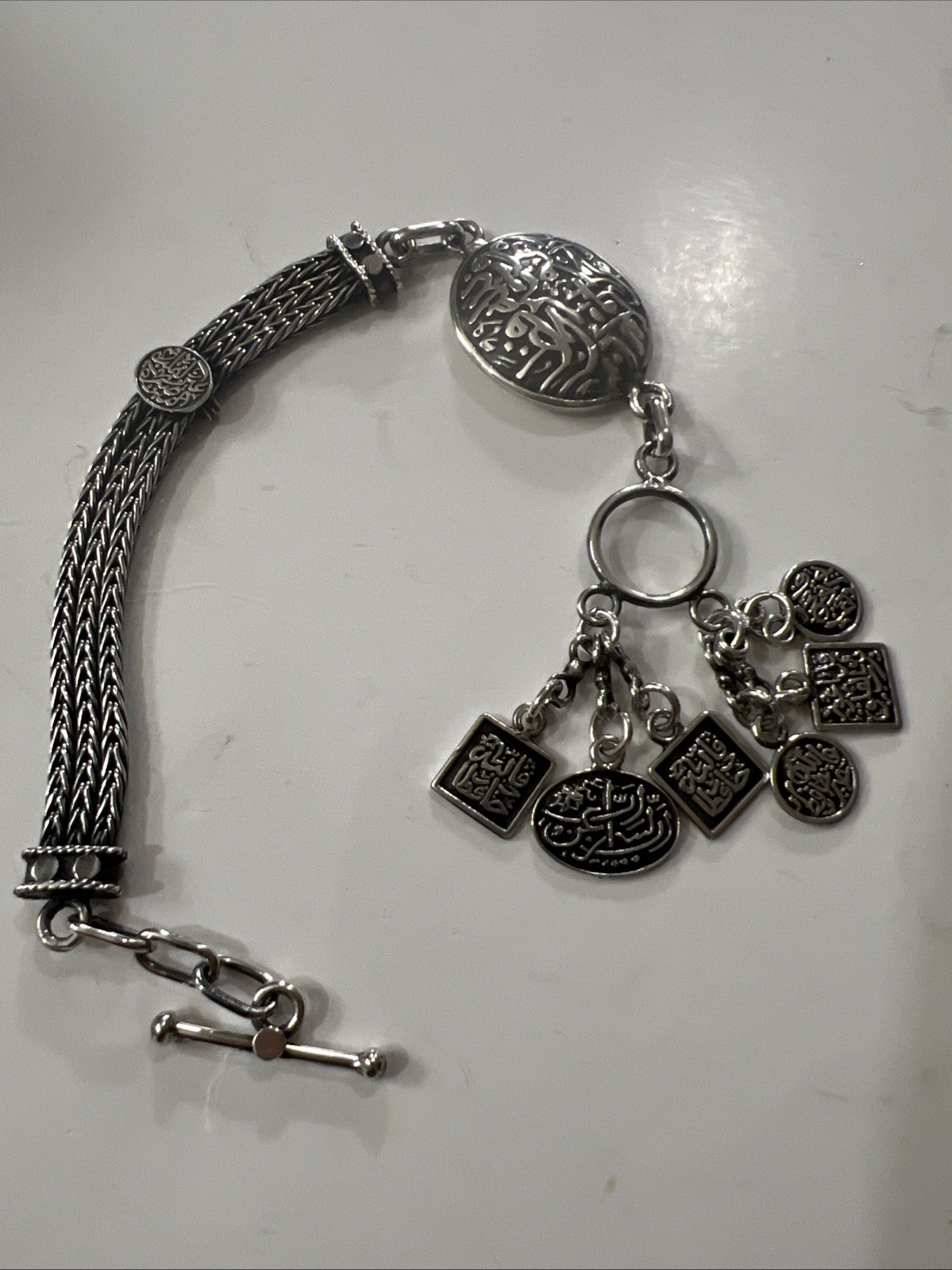 Sterling Silver Toggle Bracelet Arabic Calligraphy Charms Oxidized Finish 36.23g