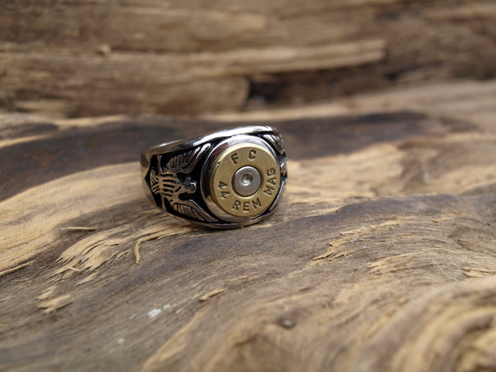 Stainless Steel Eagle Bullet Ring. 44 Mag Casing. Optional Glass Crystal