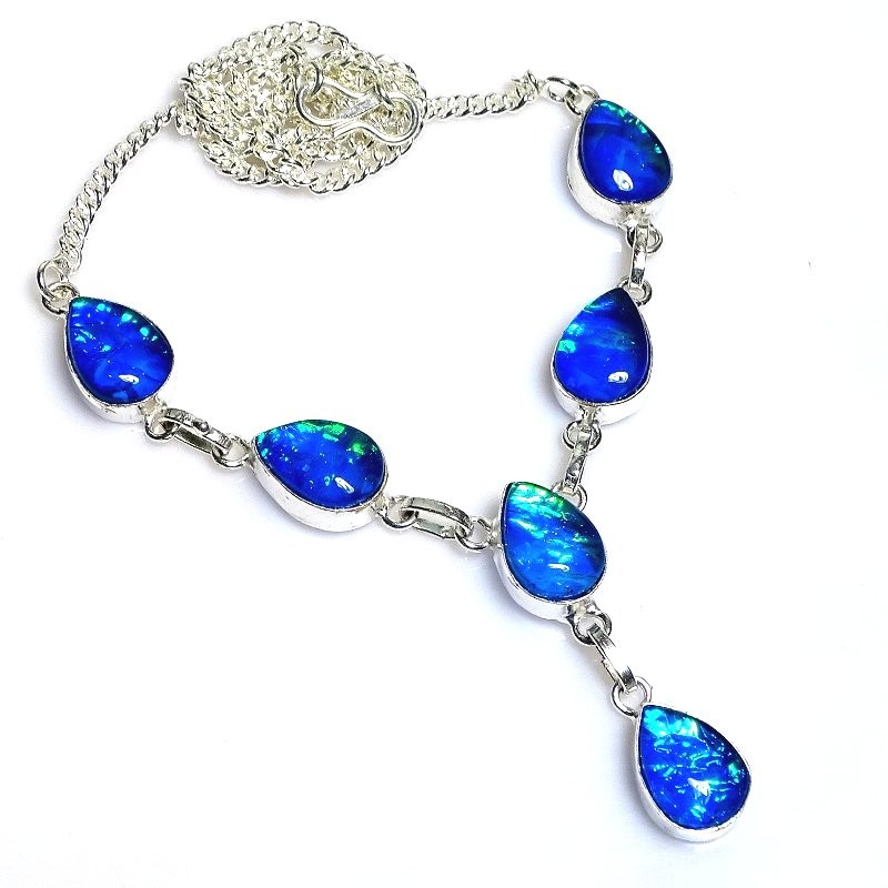 Blue Triplet Opal Pear Handmade Gift 925 Sterling Silver Jewelry Necklace 18″ u5