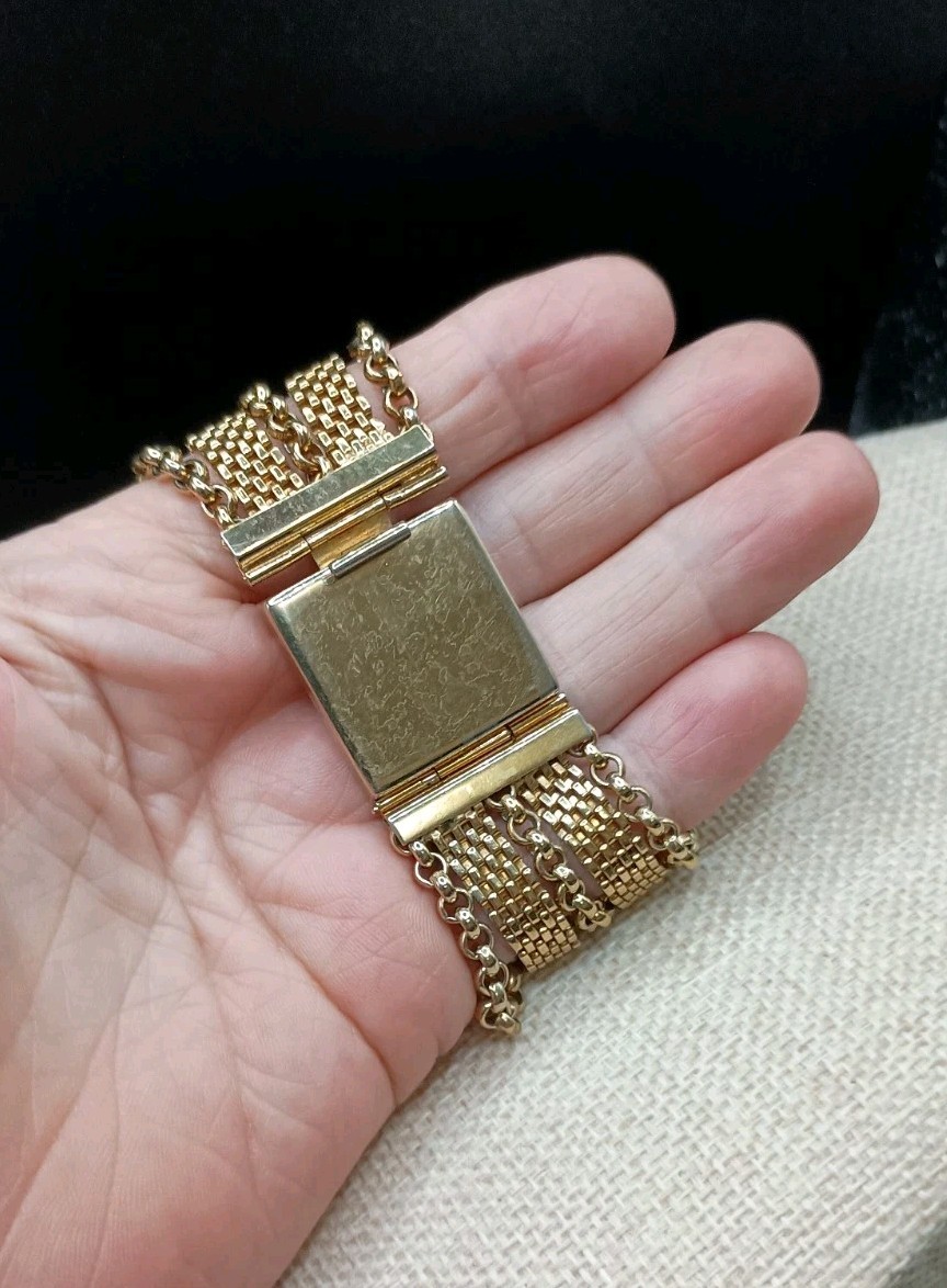 Vintage Reinad Gold Tone Mesh Wide Bracelet 7.5″ Multi Strand Push Lock