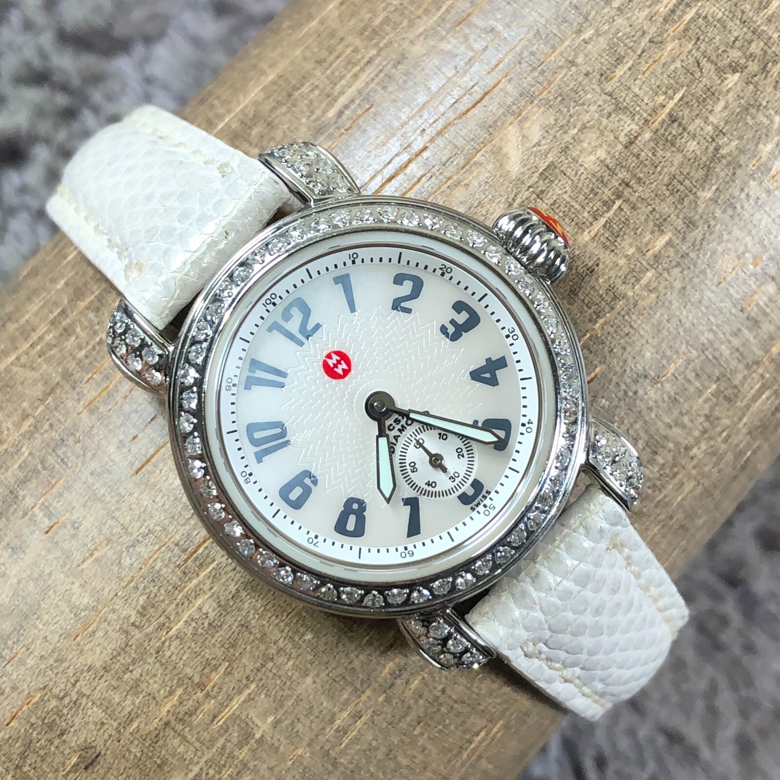Michele CSX Women L04281SS Dress Diamond Bezel Leather Quartz 26mm Watch 6 3/4″