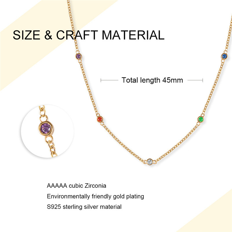Gold Plated 925 Sterling Silver Multicolor CZ Station Necklace for Women