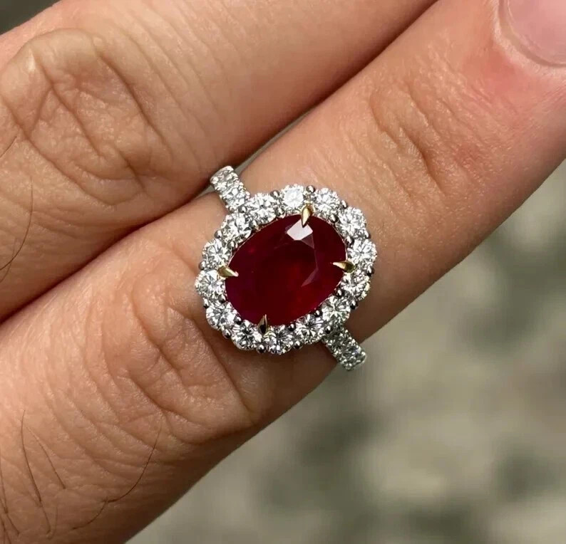 3.90 Ct Oval Cut Natural Red Ruby Diamond Wedding Ring 950 Platinum Size 6 7 8 9