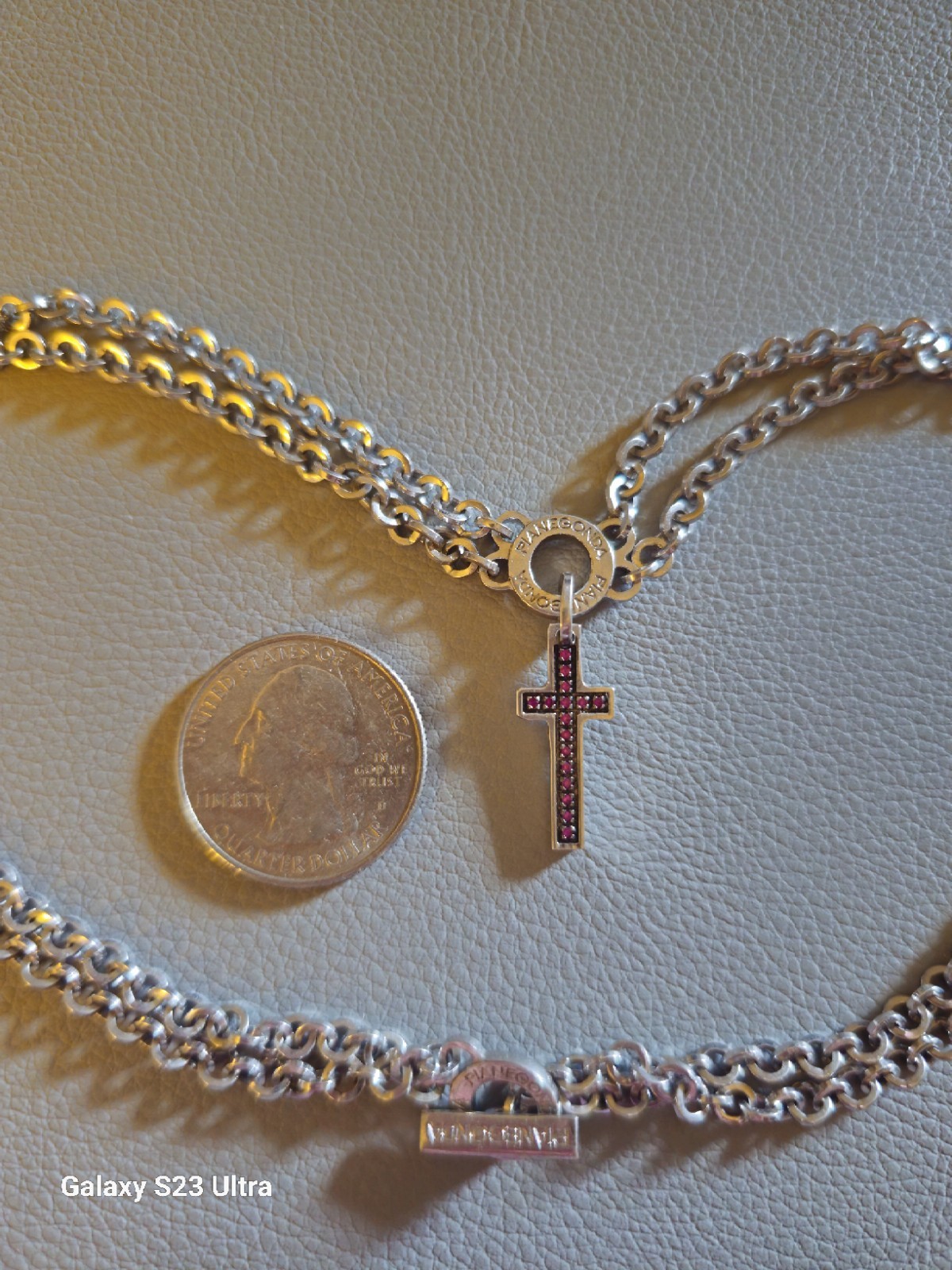 PIANEGONDA 925 Pave Pink Ruby Cross Pendant Necklace