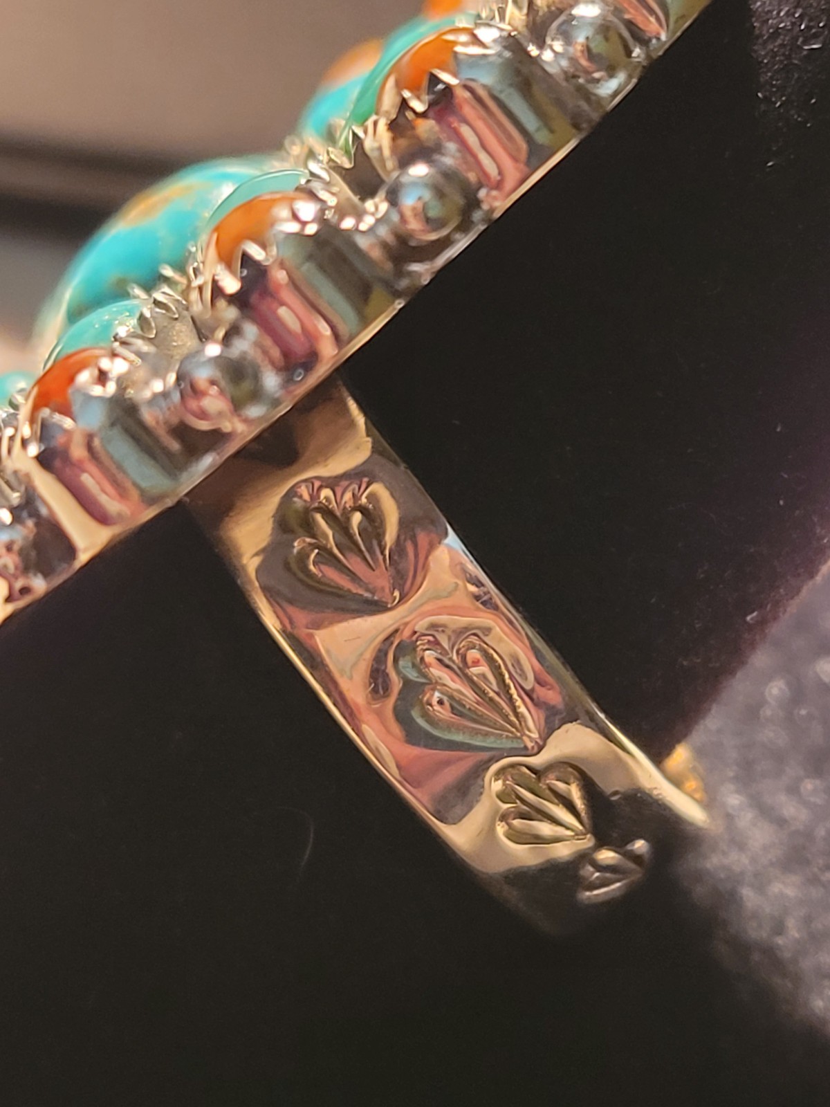 Turquoise & Orange Mojave SS 925 Adjustable Handmade Statement Ring -closed back