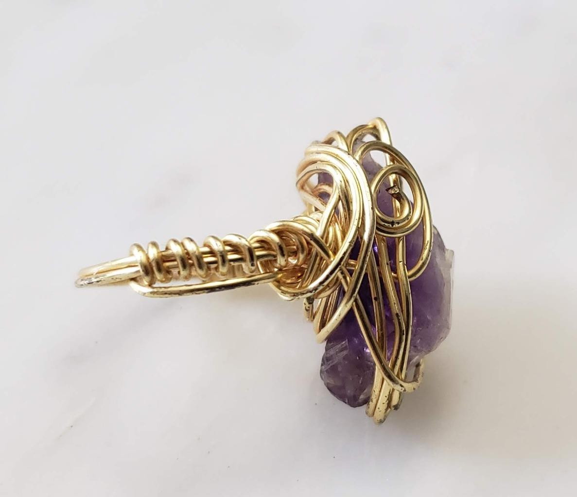 Handcrafted Gold Filled Wire Ring w/ Raw Purple Quartz Stone ~ Sz 7.75 ~ 2-F291