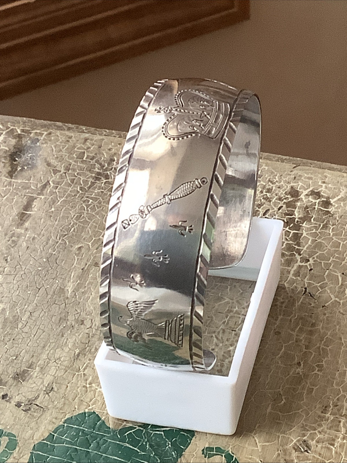Birks Sterling Silver Eagle Crown Sword Fleur De Lis 7” Cuff Bracelet