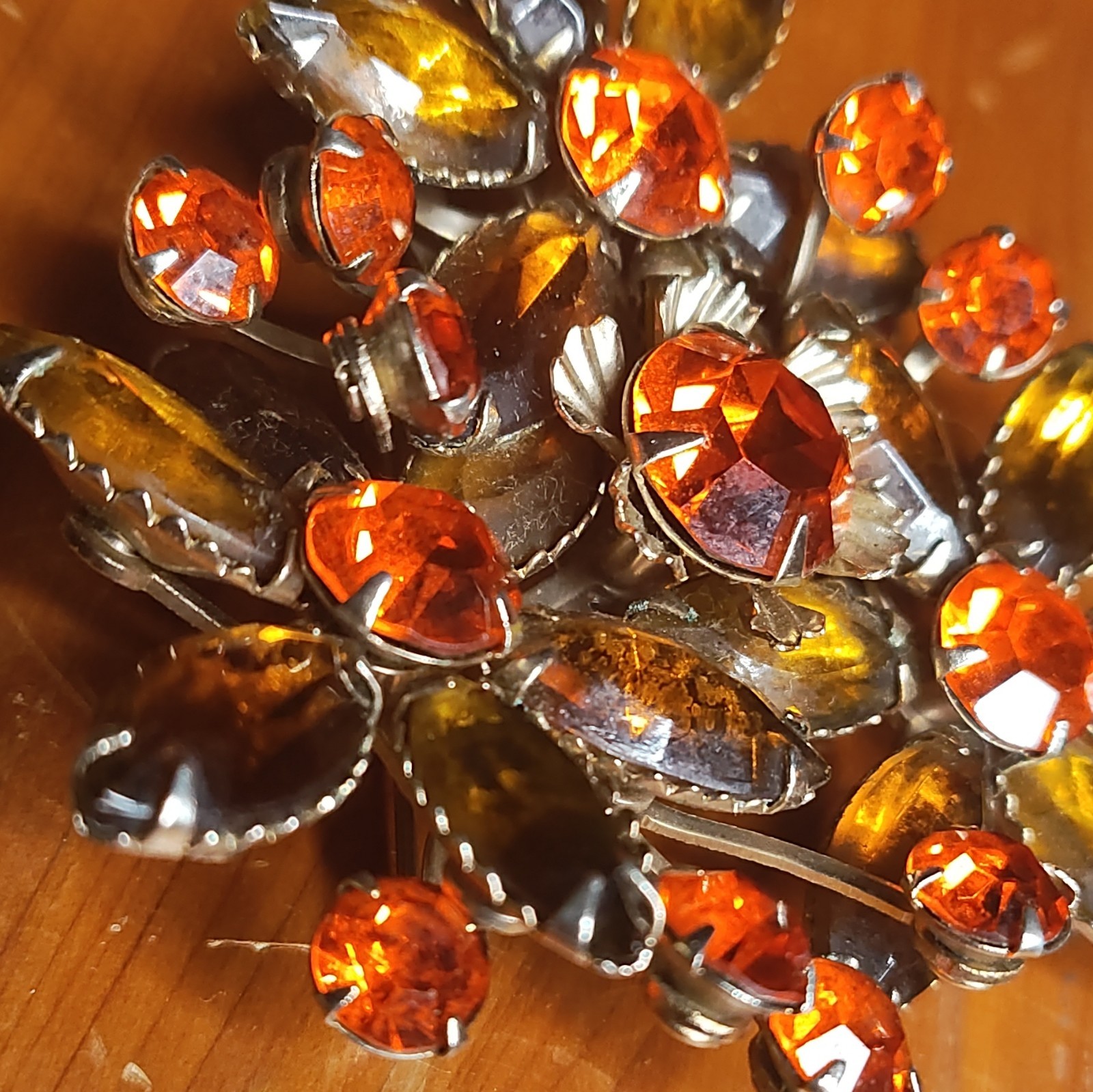 Judy Lee Flower Brooch Silver Tone Orange & Brown Round Rhinestones Prong Set
