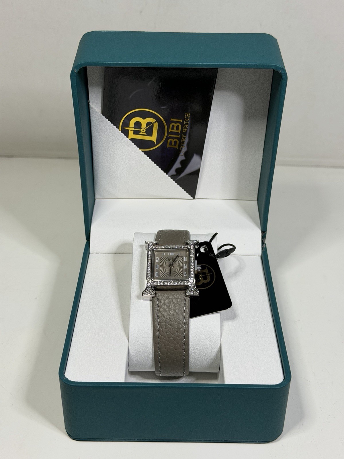 Bibi Luxury Watch Women’s Silver H Inspired Crystal Set Bezel Grey Leather NEW