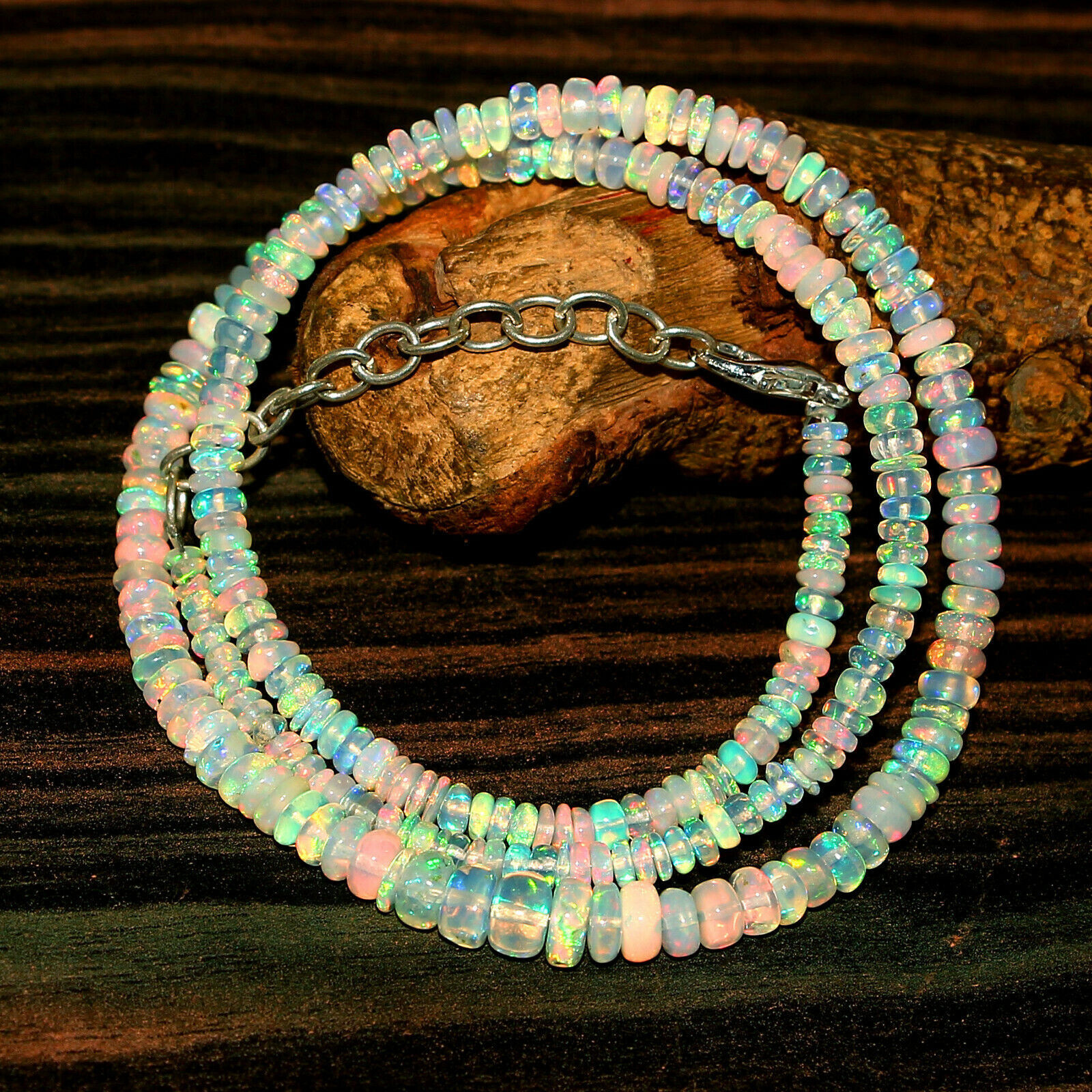 Natural Ethiopian Welo Fire Opal Rondelle Beaded Gemstone Necklace 16 Inches