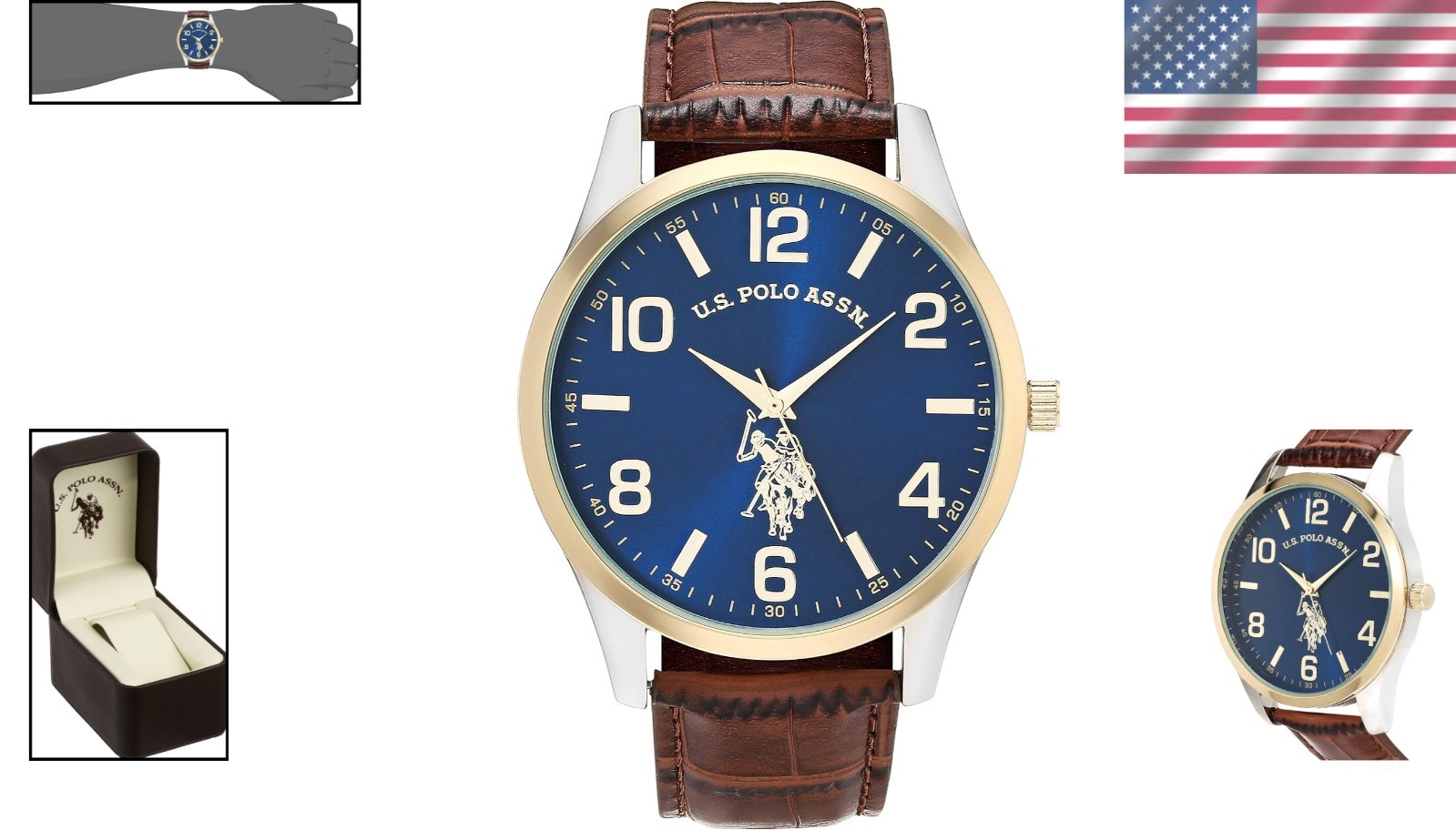 U.S. Polo Assn. Men’s Quartz Dress Watch – Blue Dial, Gold Bezel, Brown Strap