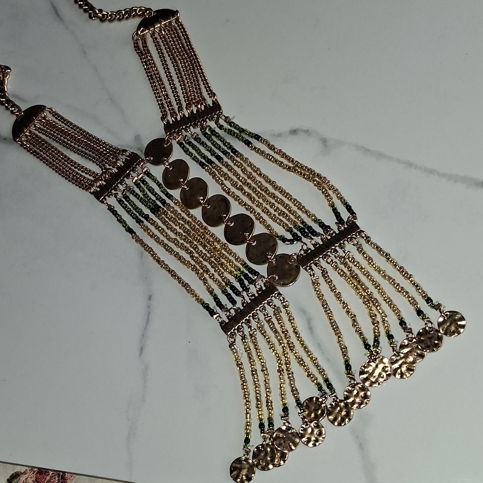 Gold Tone Multi-Strand Beaded Statement Necklace w/ Tassel Coin Dangle