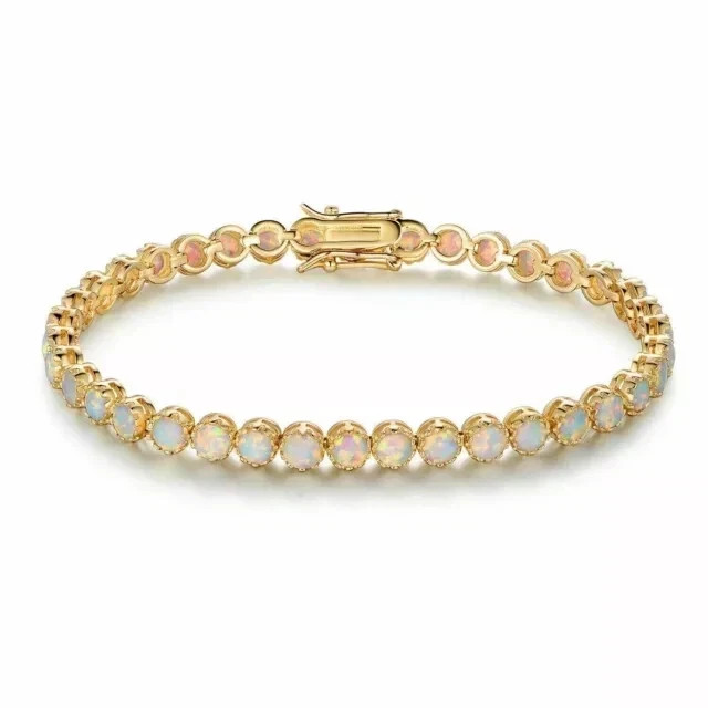 7Ct Round Lab Created Fire Opal Women’s Tennis Bracelet 14K Yellow Gold Plated