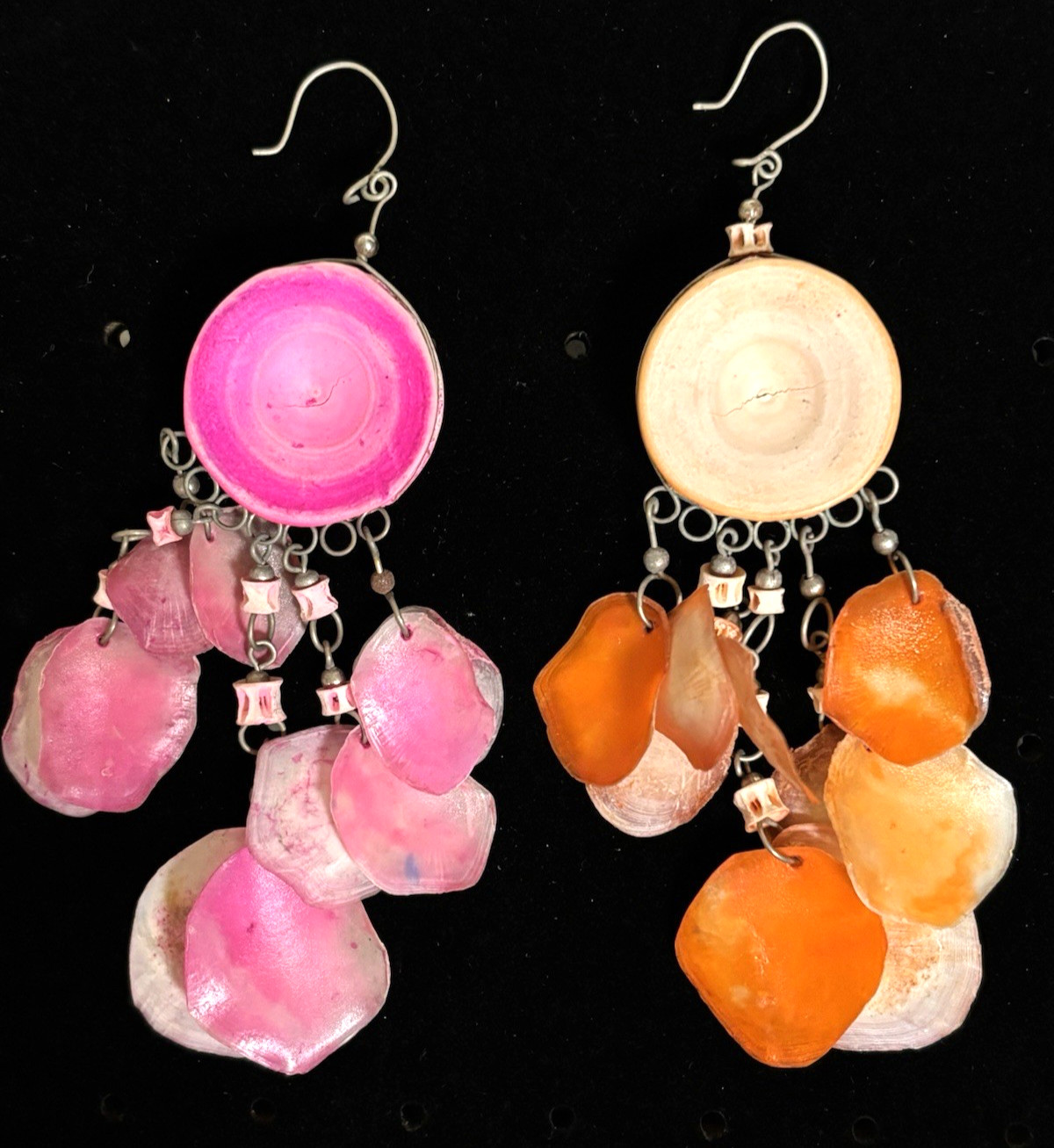 Shell Dangle Disc Fringe Hippie Boho Pink/Orange Silver Tone Earrings 3.75in