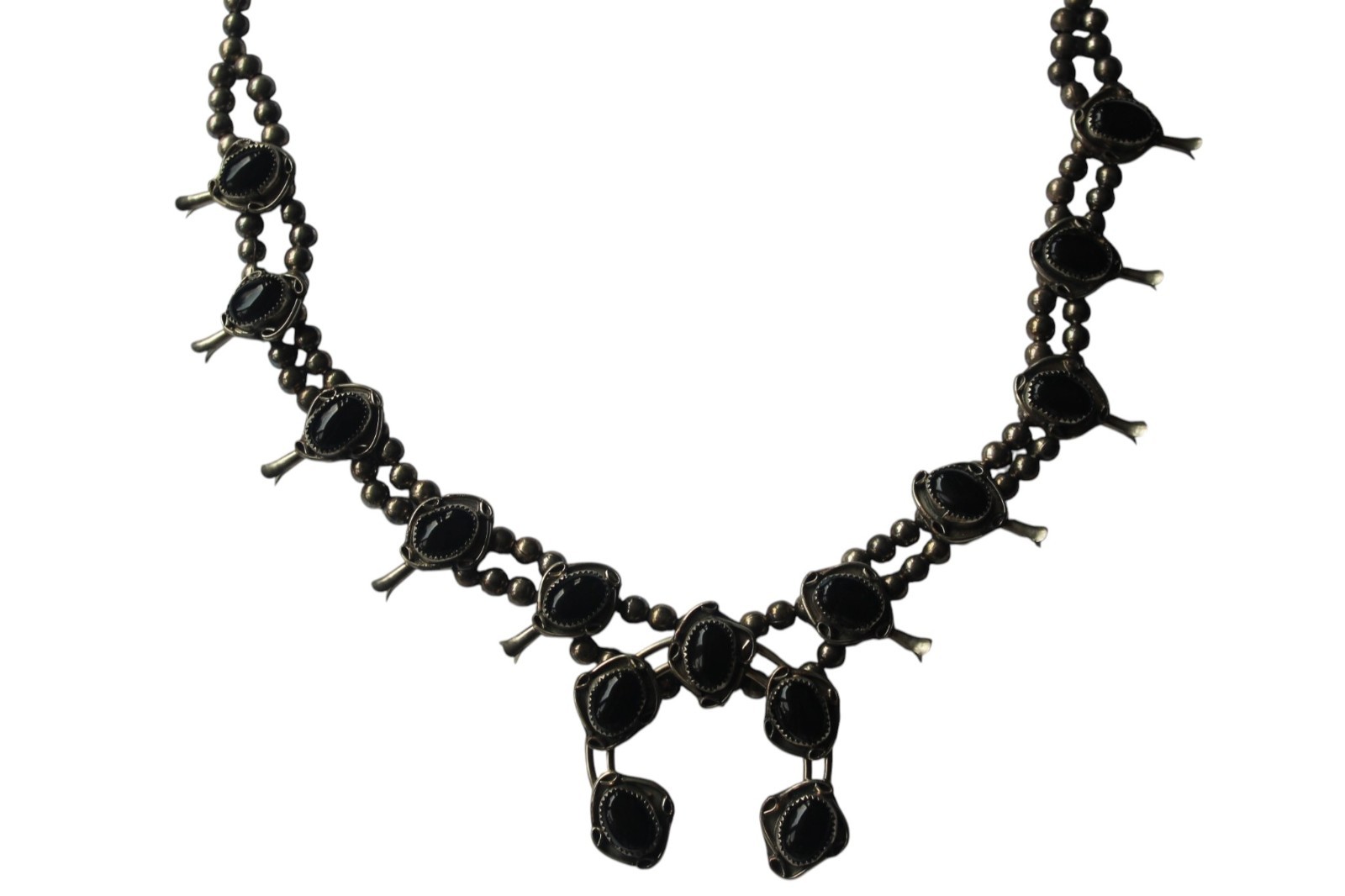 Vintage Silver Tone Black Onyx Squash Blossom Statement 24in Western Nickle